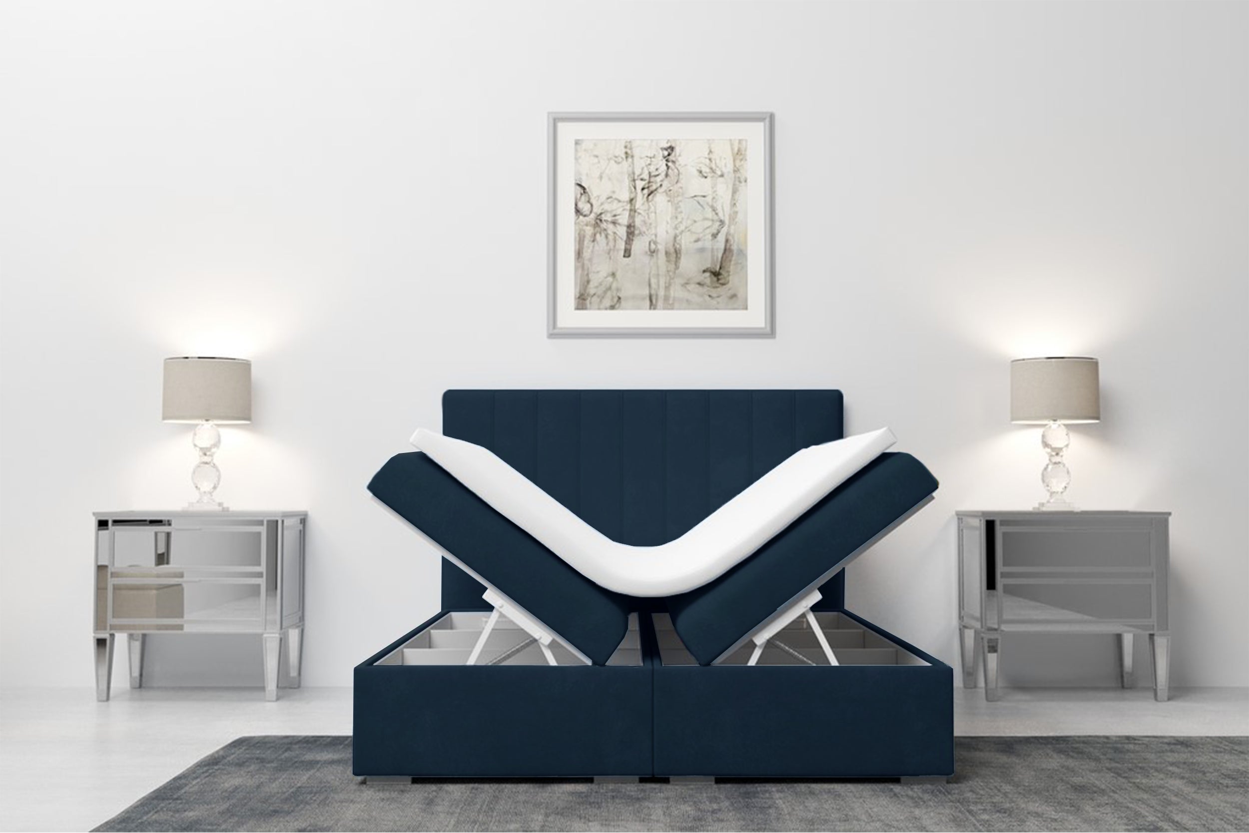 Łóżko kontynentalne 180x200 cm Hunbert z pojemnikami i topperem granatowe welur hydrofobowy
