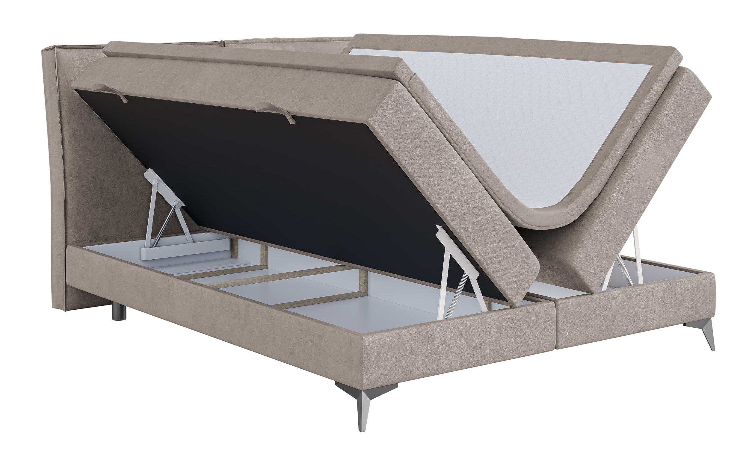 Łóżko kontynentalne 160x200 cm Esteiro z pojemnikami i topperem beżowe welur hydrofobowy