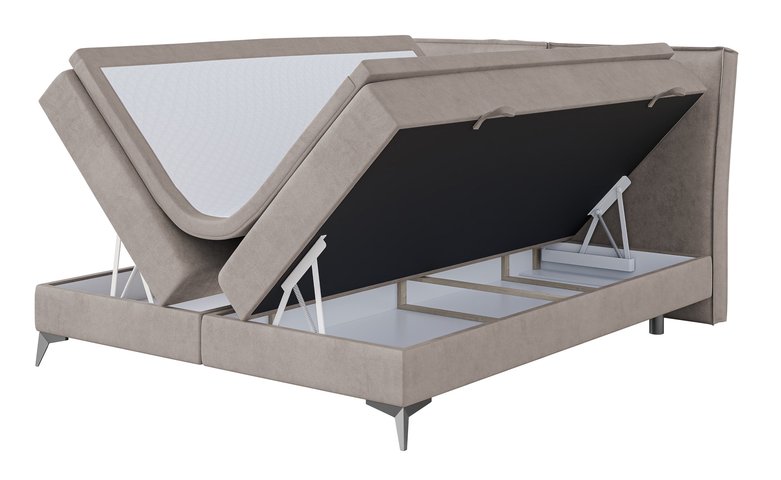 Łóżko kontynentalne 160x200 cm Esteiro z pojemnikami i topperem beżowe welur hydrofobowy