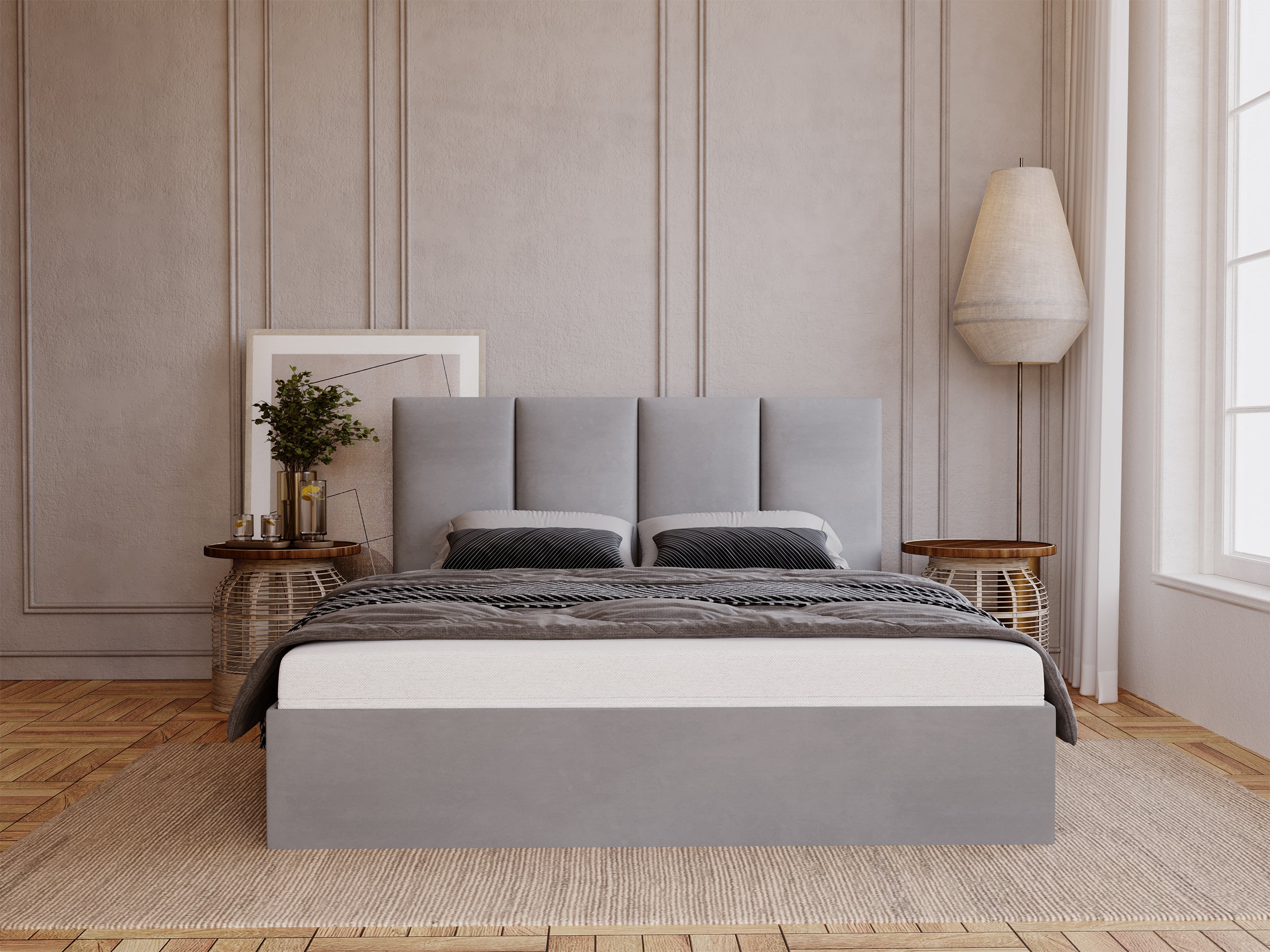 Łóżko tapicerowane 160x200 cm Drimmi z pojemnikiem jasnoszare velvet hydrofobowy