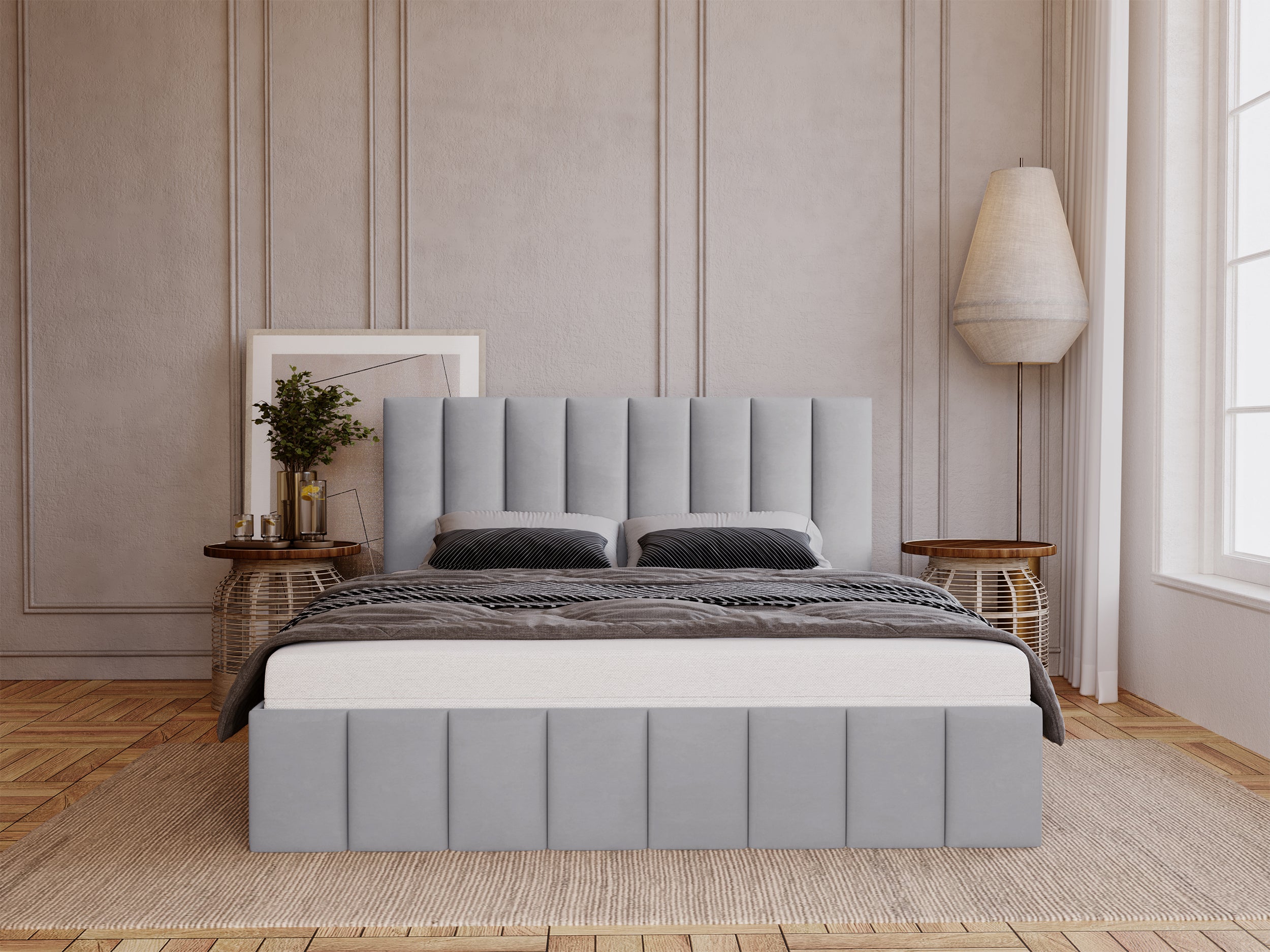 Łóżko tapicerowane 180x200 cm Buenio z pojemnikiem jasnoszare velvet hydrofobowy