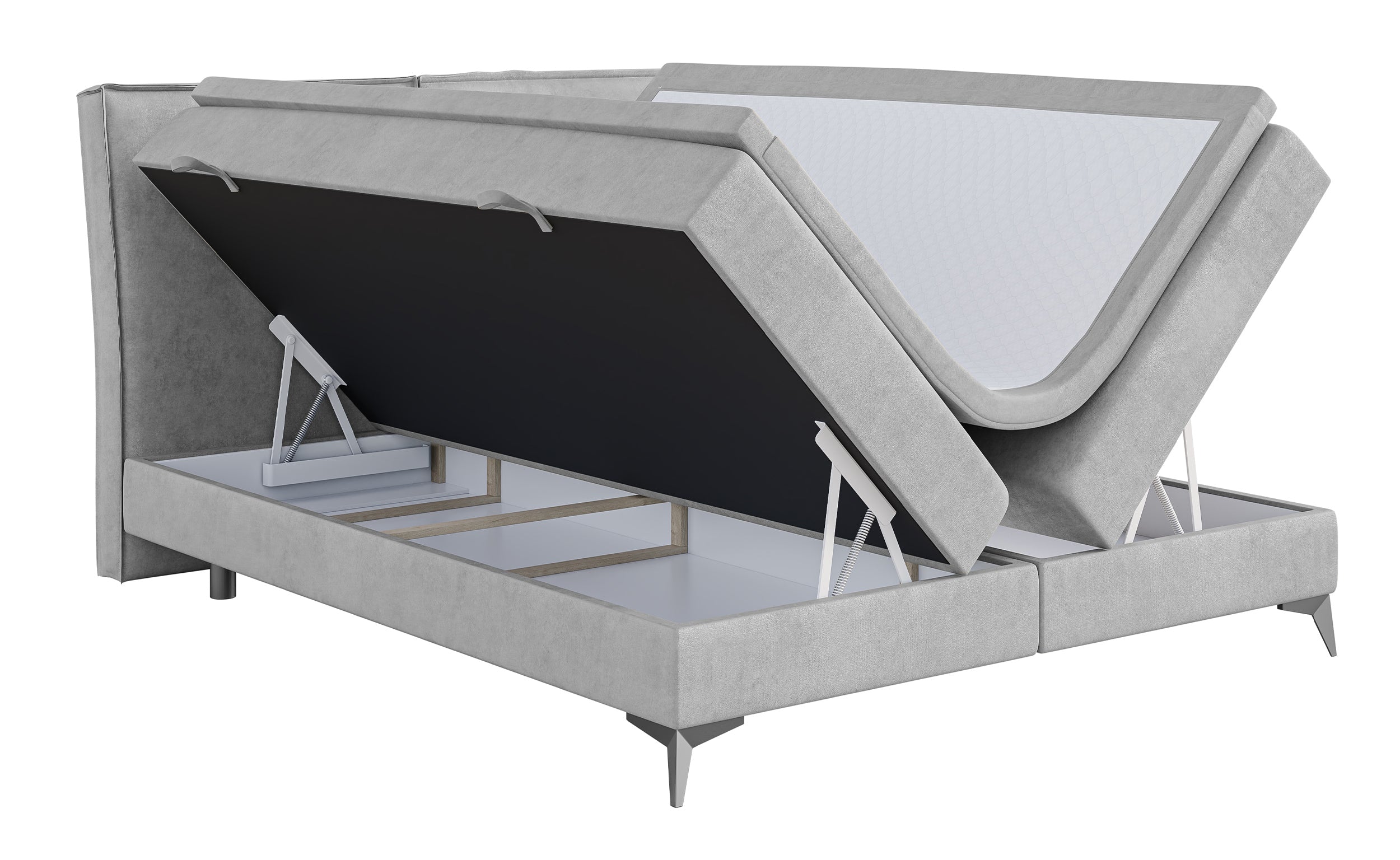 Łóżko kontynentalne 160x200 cm Esteiro z pojemnikami i topperem jasnoszare welur hydrofobowy