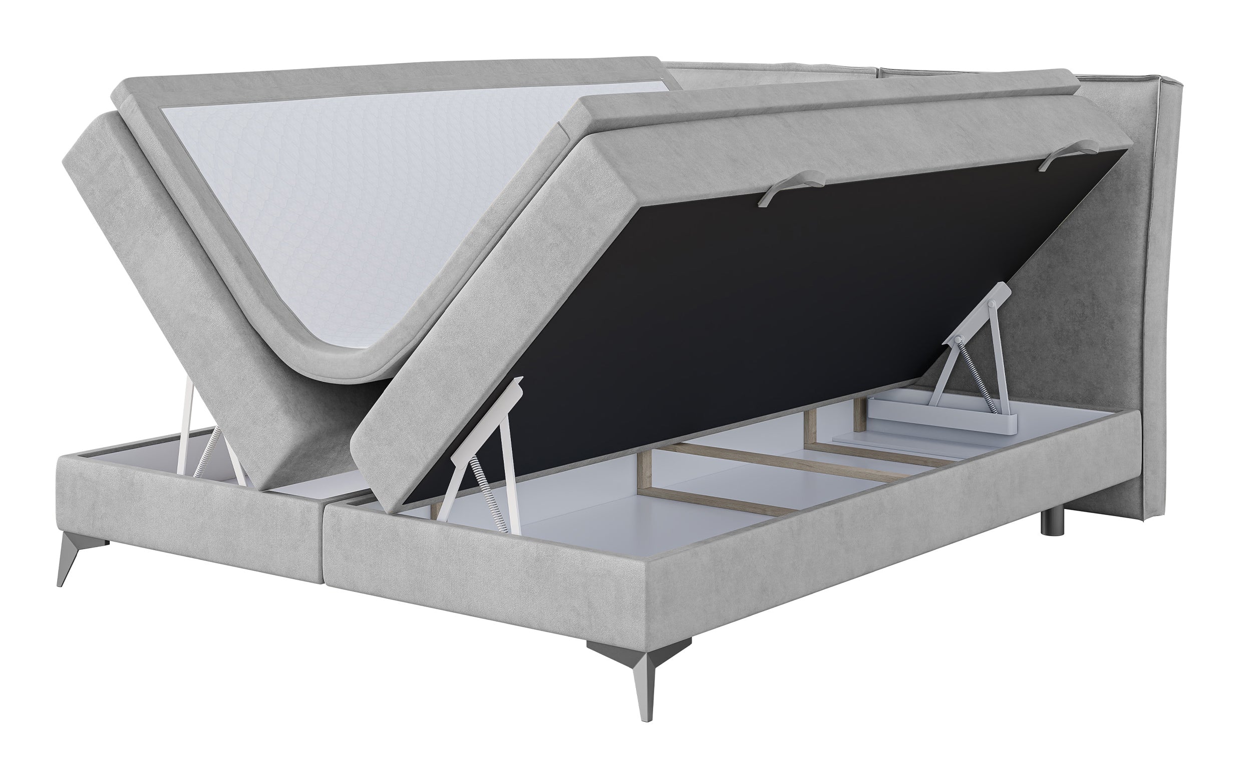 Łóżko kontynentalne 160x200 cm Esteiro z pojemnikami i topperem jasnoszare welur hydrofobowy