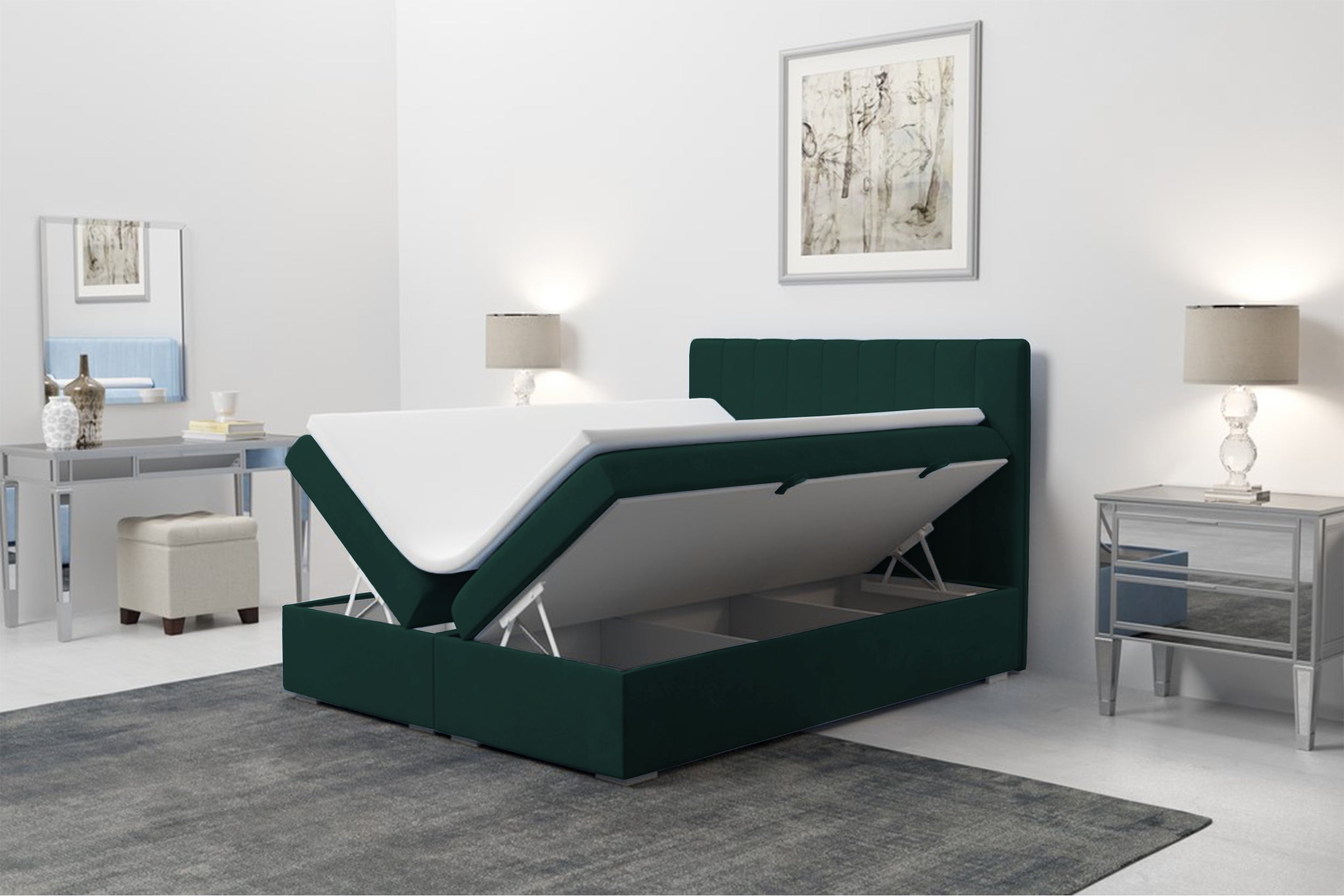 Łóżko kontynentalne 180x200 cm Hunbert z pojemnikami i topperem zielone welur hydrofobowy