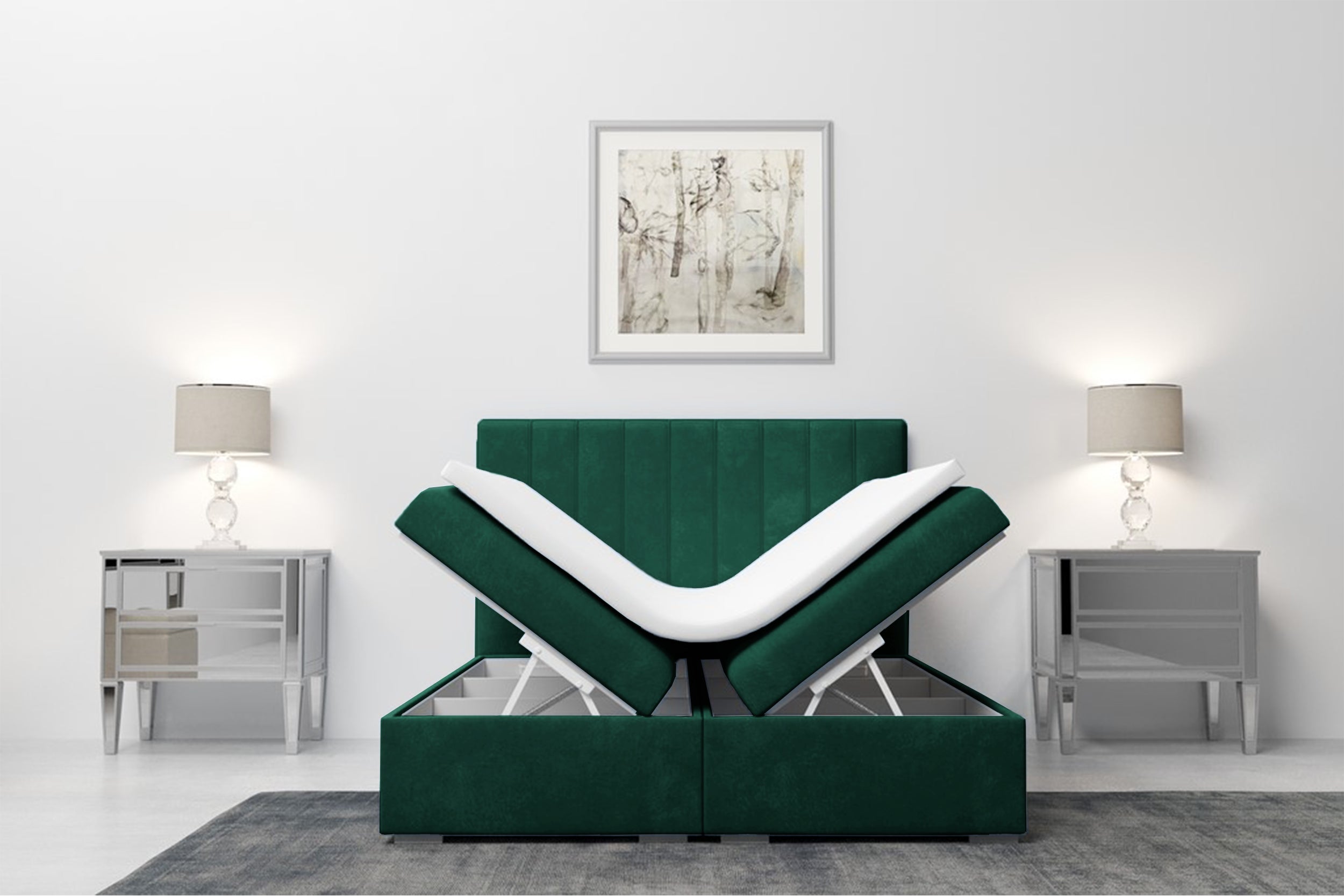 Łóżko kontynentalne 180x200 cm Hunbert z pojemnikami i topperem zielone welur hydrofobowy