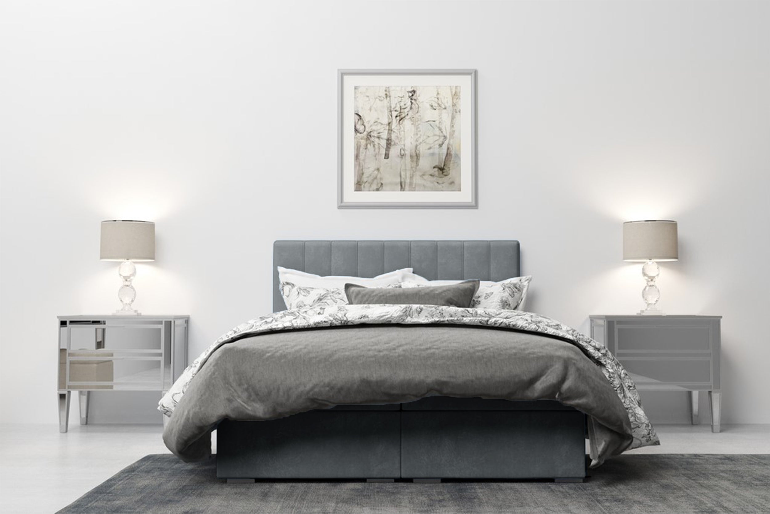 Łóżko kontynentalne 140x200 cm Hunbert z pojemnikami i topperem szare welur hydrofobowy