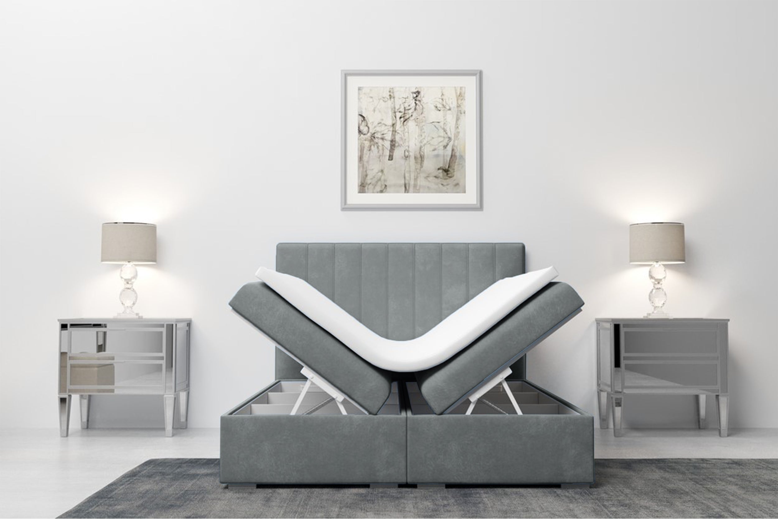 Łóżko kontynentalne 140x200 cm Hunbert z pojemnikami i topperem szare welur hydrofobowy