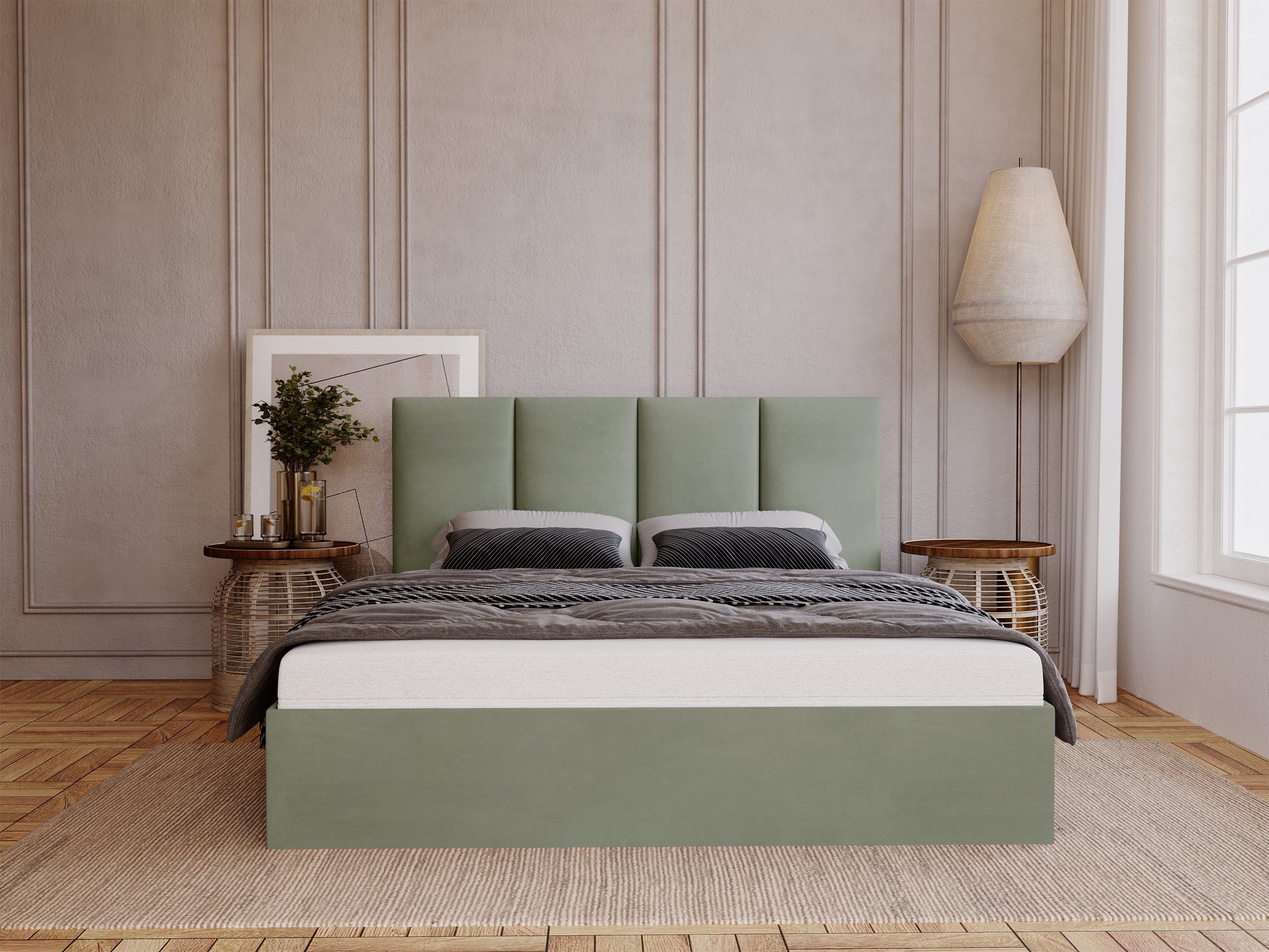 Łóżko tapicerowane 140x200 cm Drimmi z pojemnikiem eukaliptusowe velvet hydrofobowy