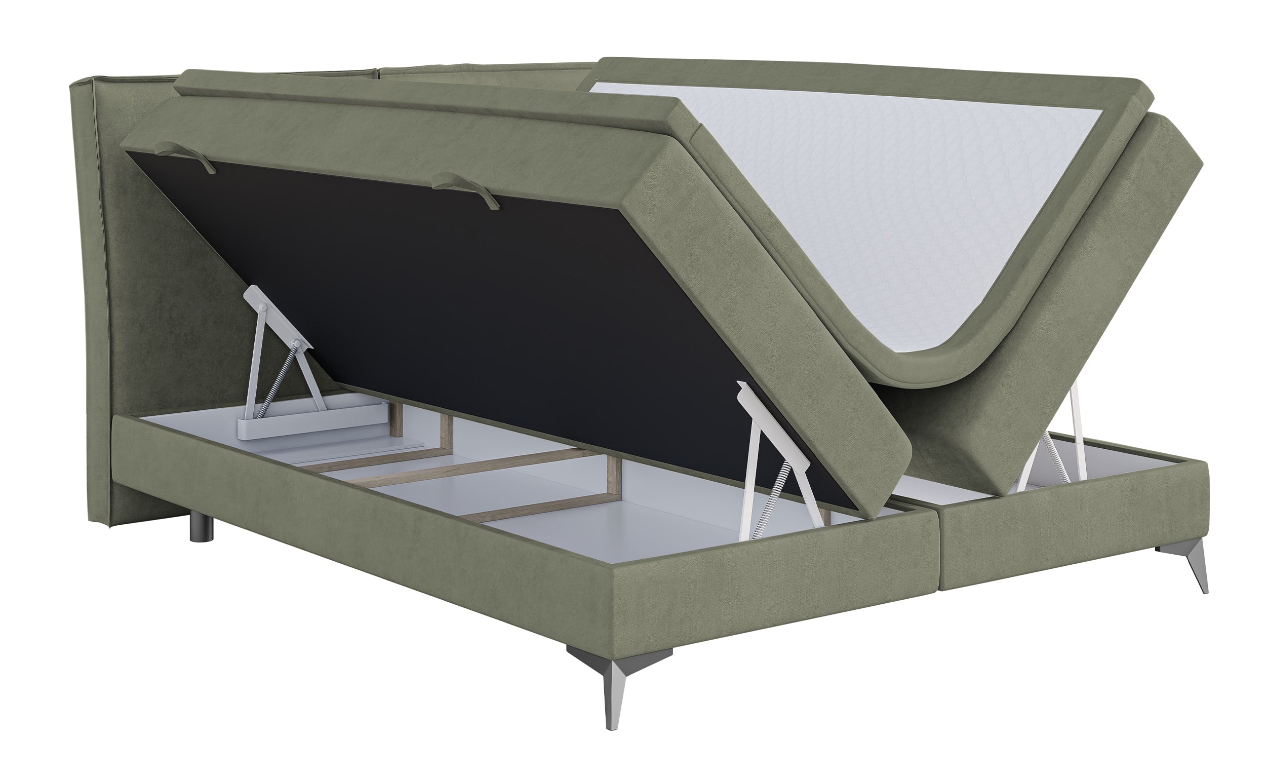 Łóżko kontynentalne 140x200 cm Esteiro z pojemnikami i topperem oliwkowe welur hydrofobowy