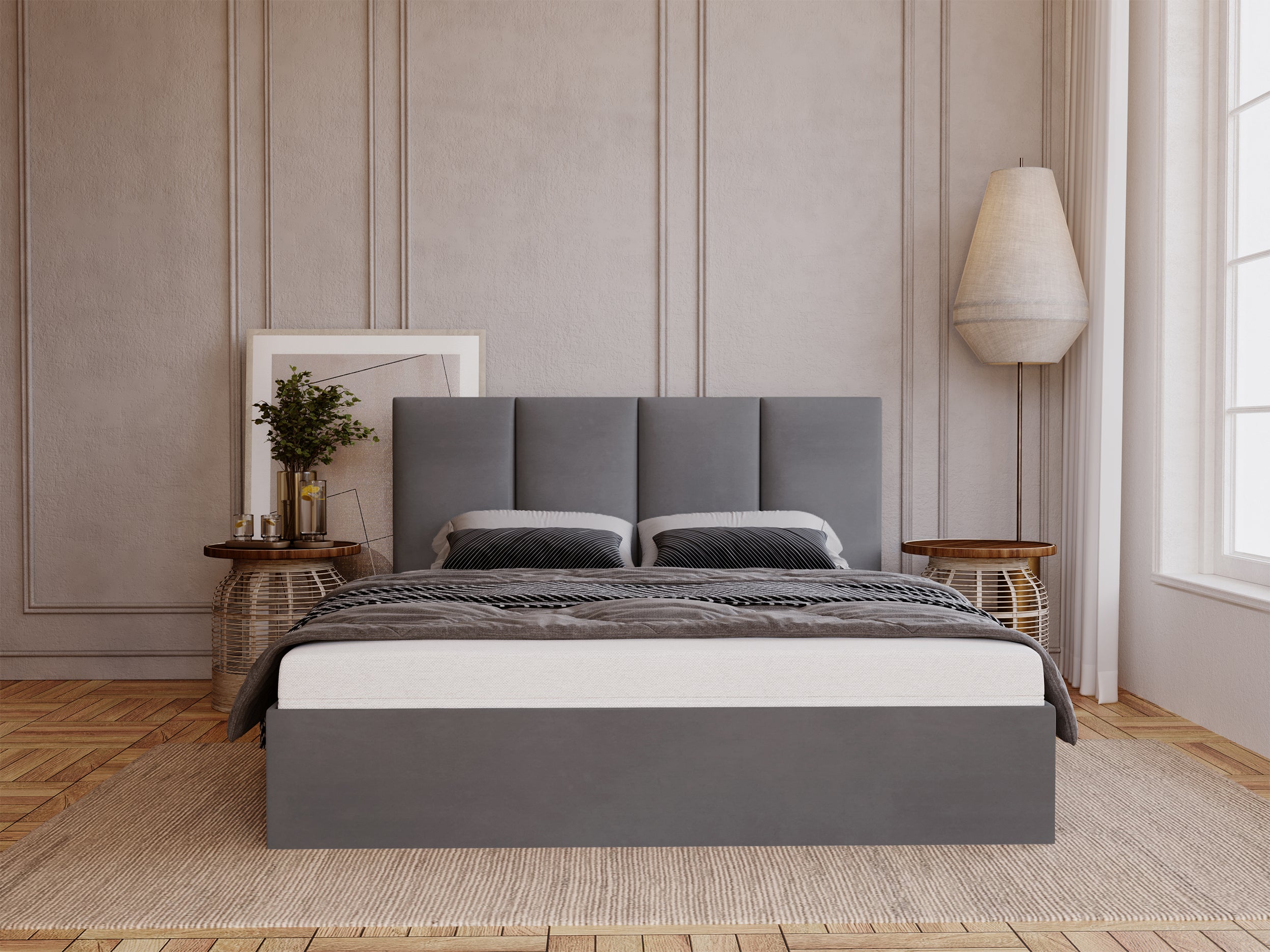 Łóżko tapicerowane 120x200 cm Drimmi z pojemnikiem ciemnoszare velvet hydrofobowy