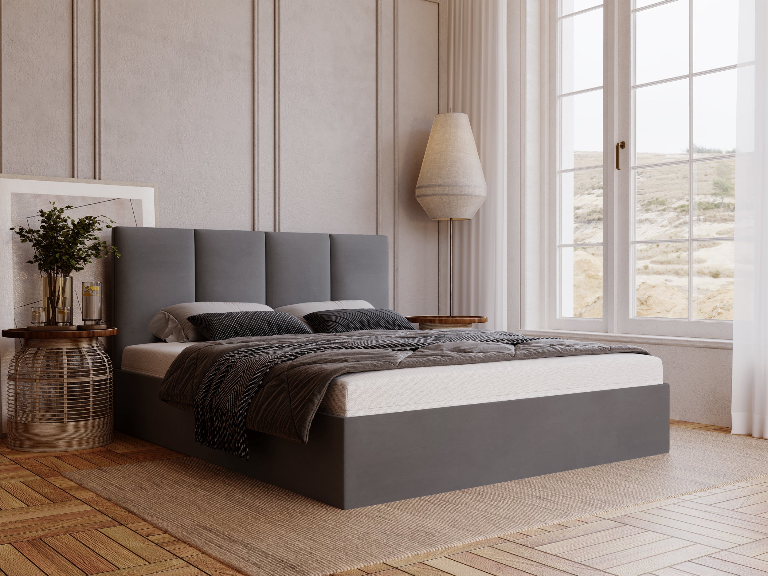 Łóżko tapicerowane 180x200 cm Drimmi z pojemnikiem ciemnoszare velvet hydrofobowy