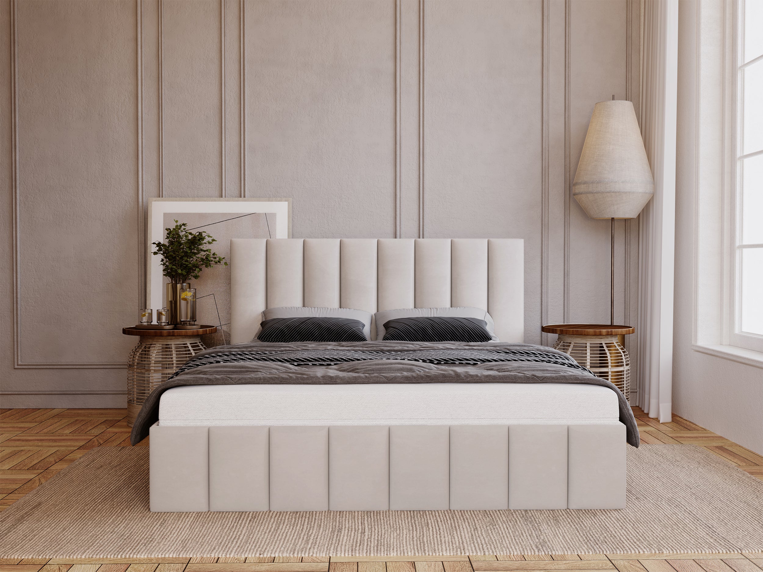 Łóżko tapicerowane 180x200 cm Buenio z pojemnikiem szarobeżowe velvet hydrofobowy