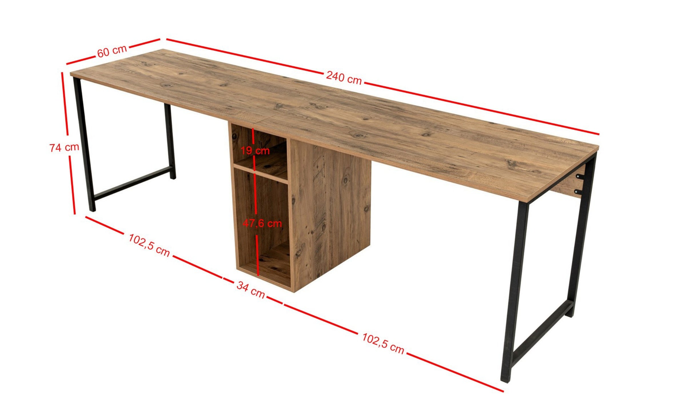 Biurko dwuosobowe Obvity 240x60 cm z półkami sosna