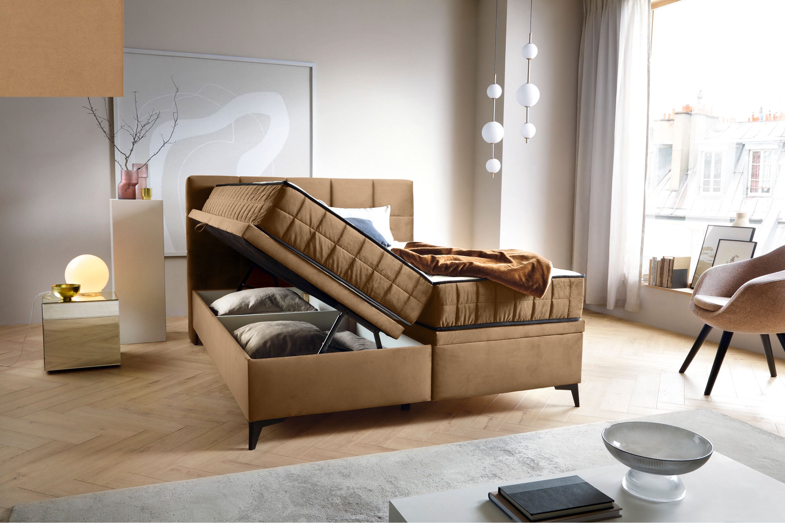 Łóżko kontynentalne 160x200 cm Beriano z pojemnikami i materacem beżowe welur