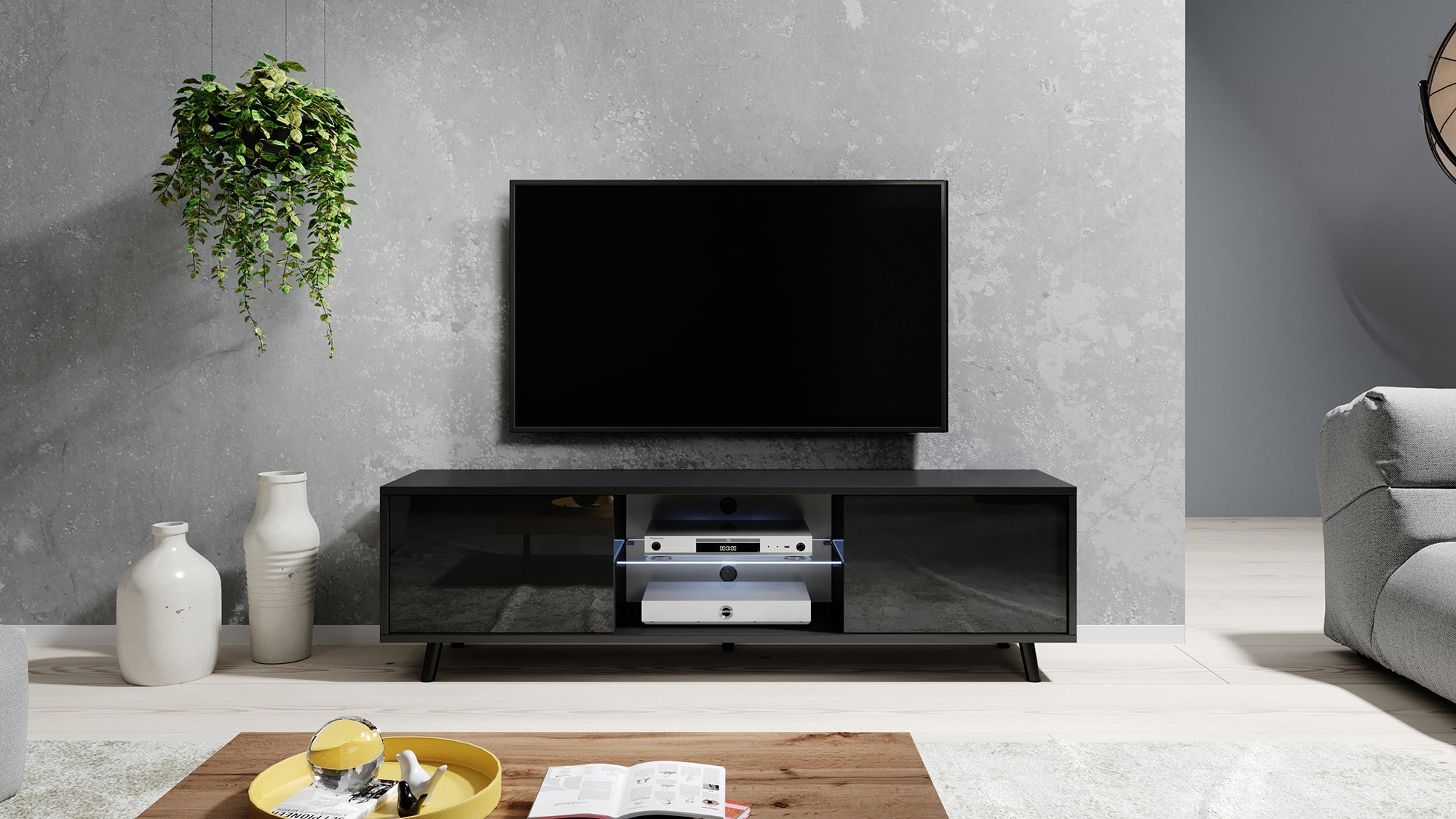 Szafka RTV Lefyr 140 cm Czarny mat / Czarny połysk