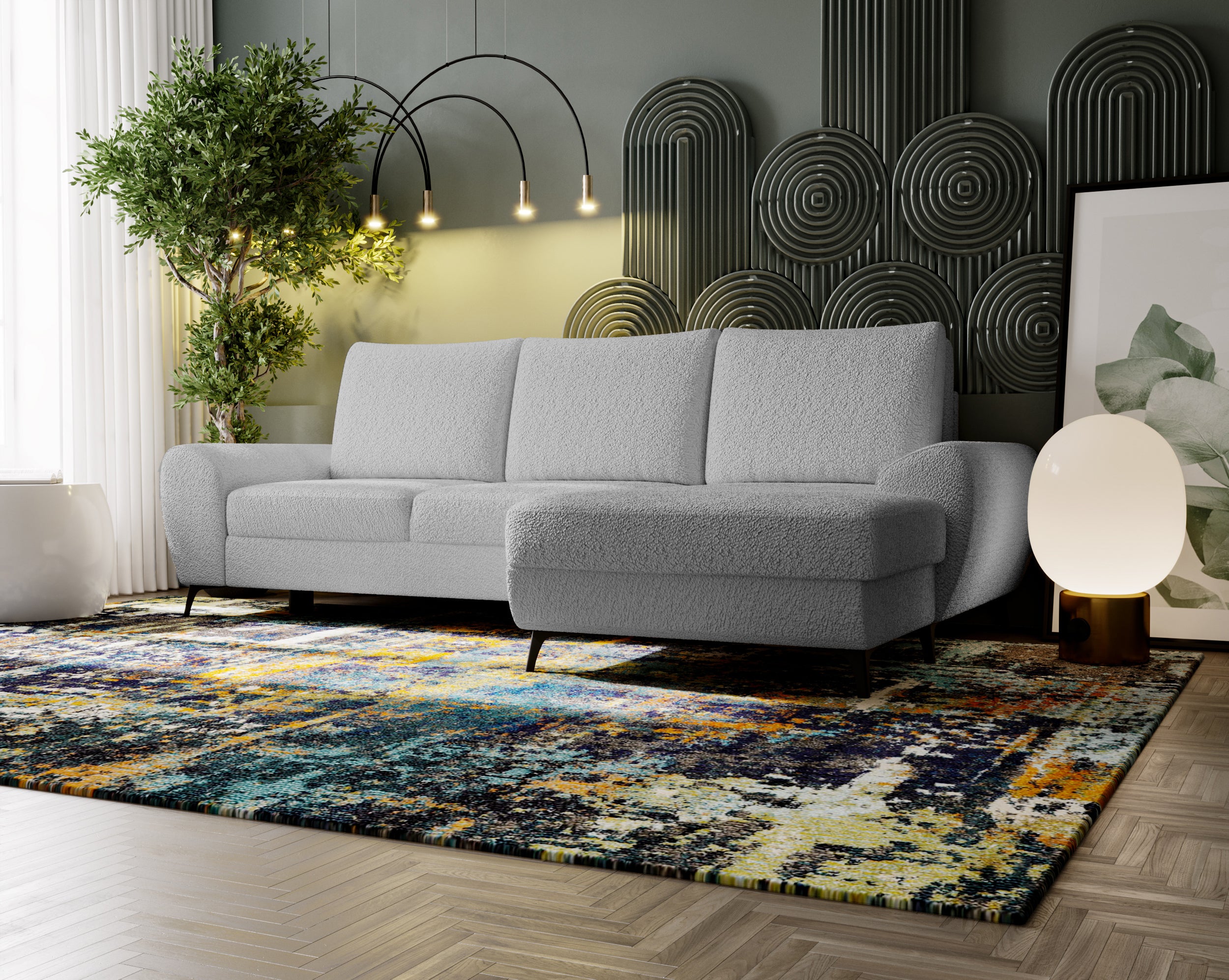 Narożnik z funkcją spania Minila L-kształtny z pojemnikiem jasnoszary boucle prawostronny