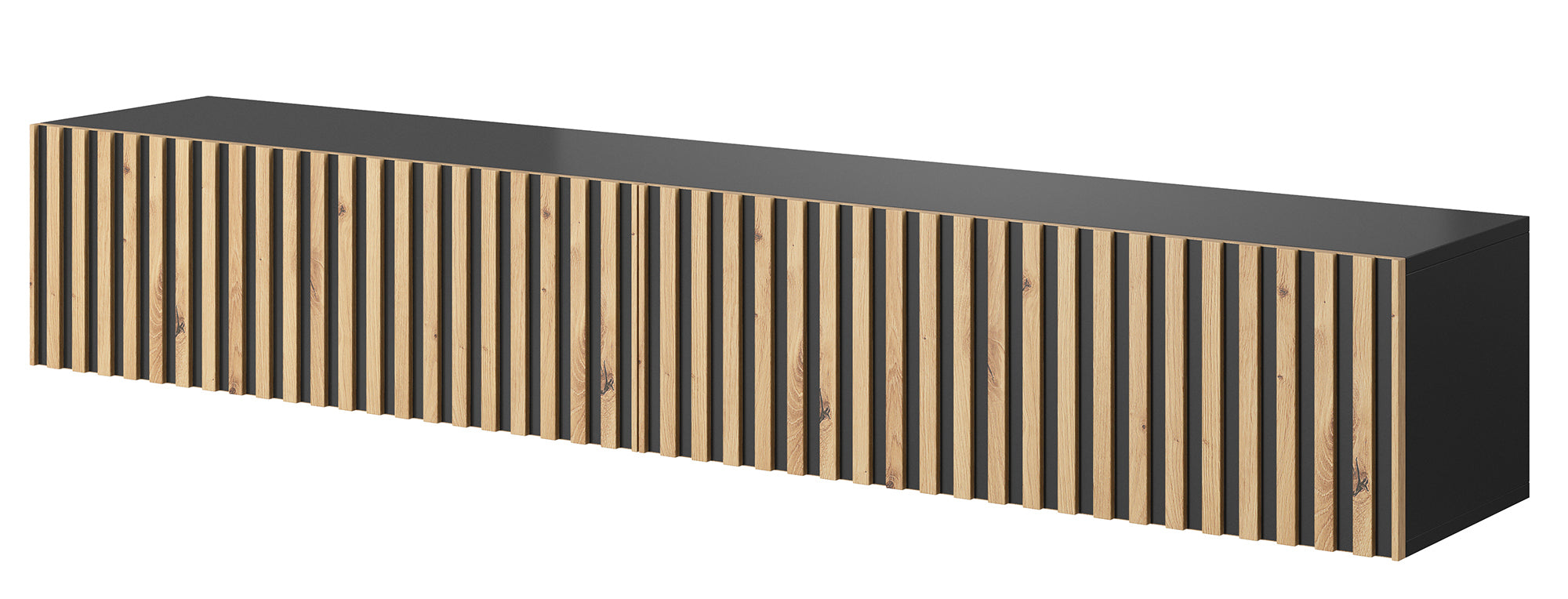 Szafka RTV Telire 175 cm czarna z lamelowym frontem dąb artisan