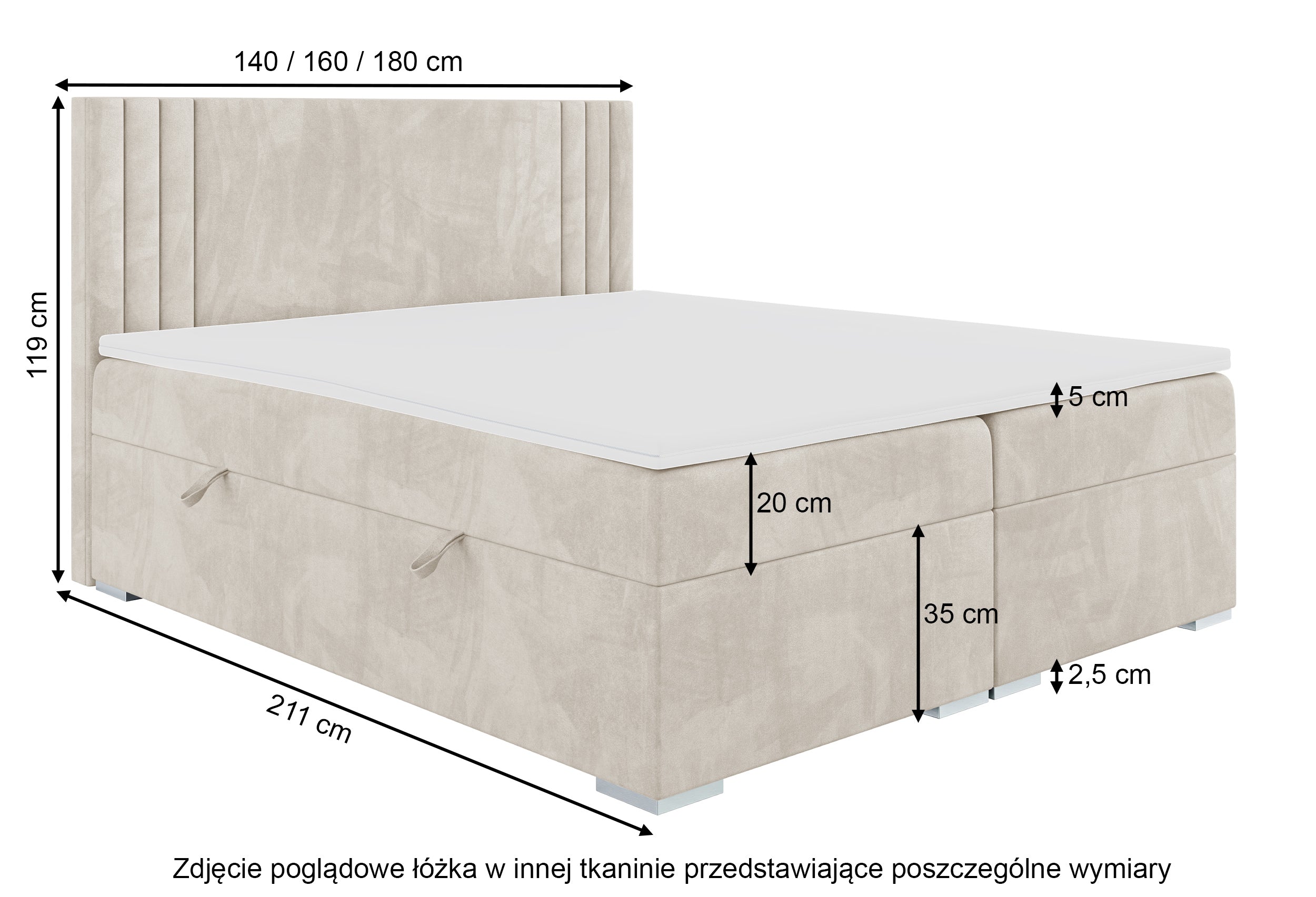 Łóżko kontynentalne 140x200 cm Monder z pojemnikami i topperem szare welur hydrofobowy