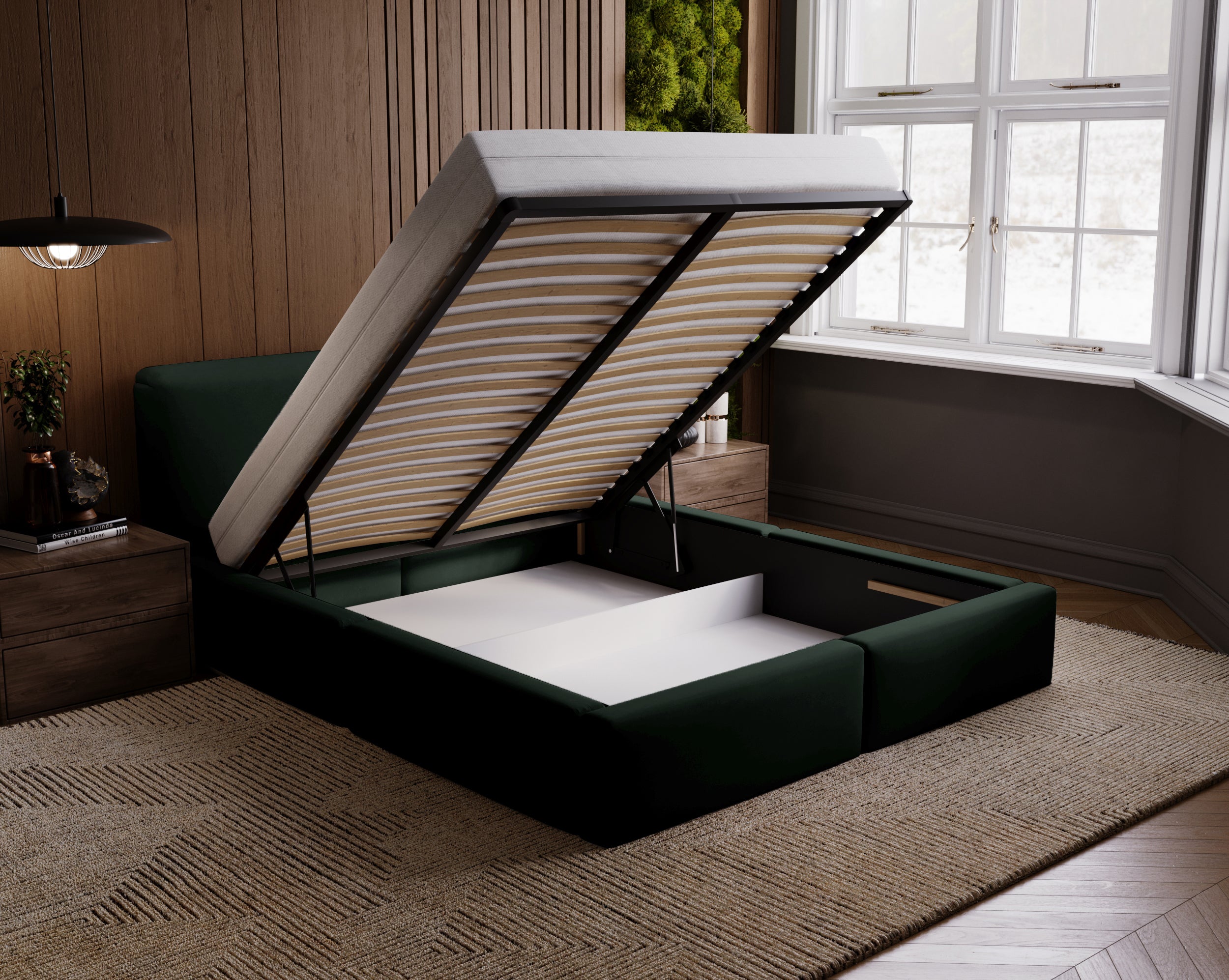 Łóżko tapicerowane 180x200 cm Papillo z pojemnikiem stelaż metalowy butelkowa zieleń welur
