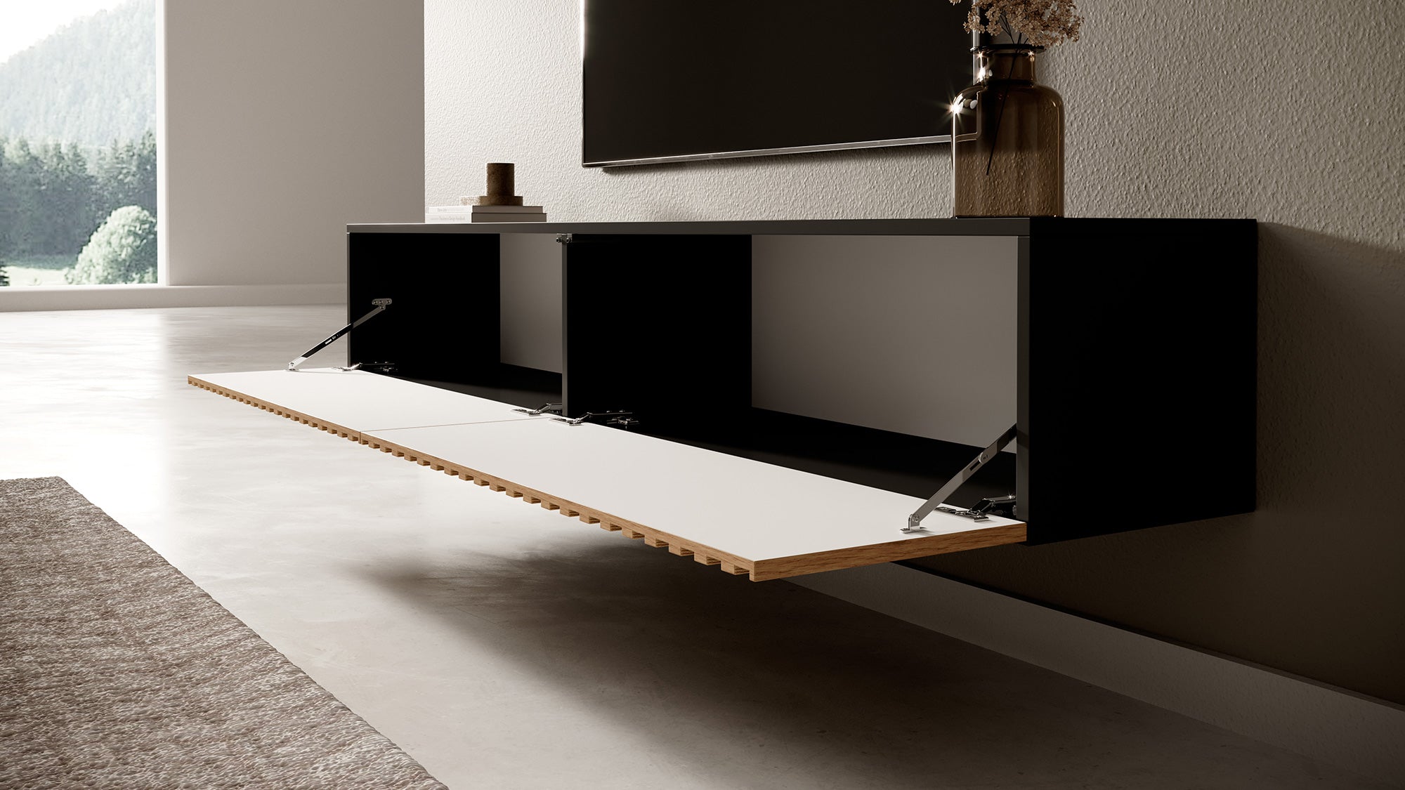 Szafka RTV Telire 175 cm czarna z lamelowym frontem dąb artisan