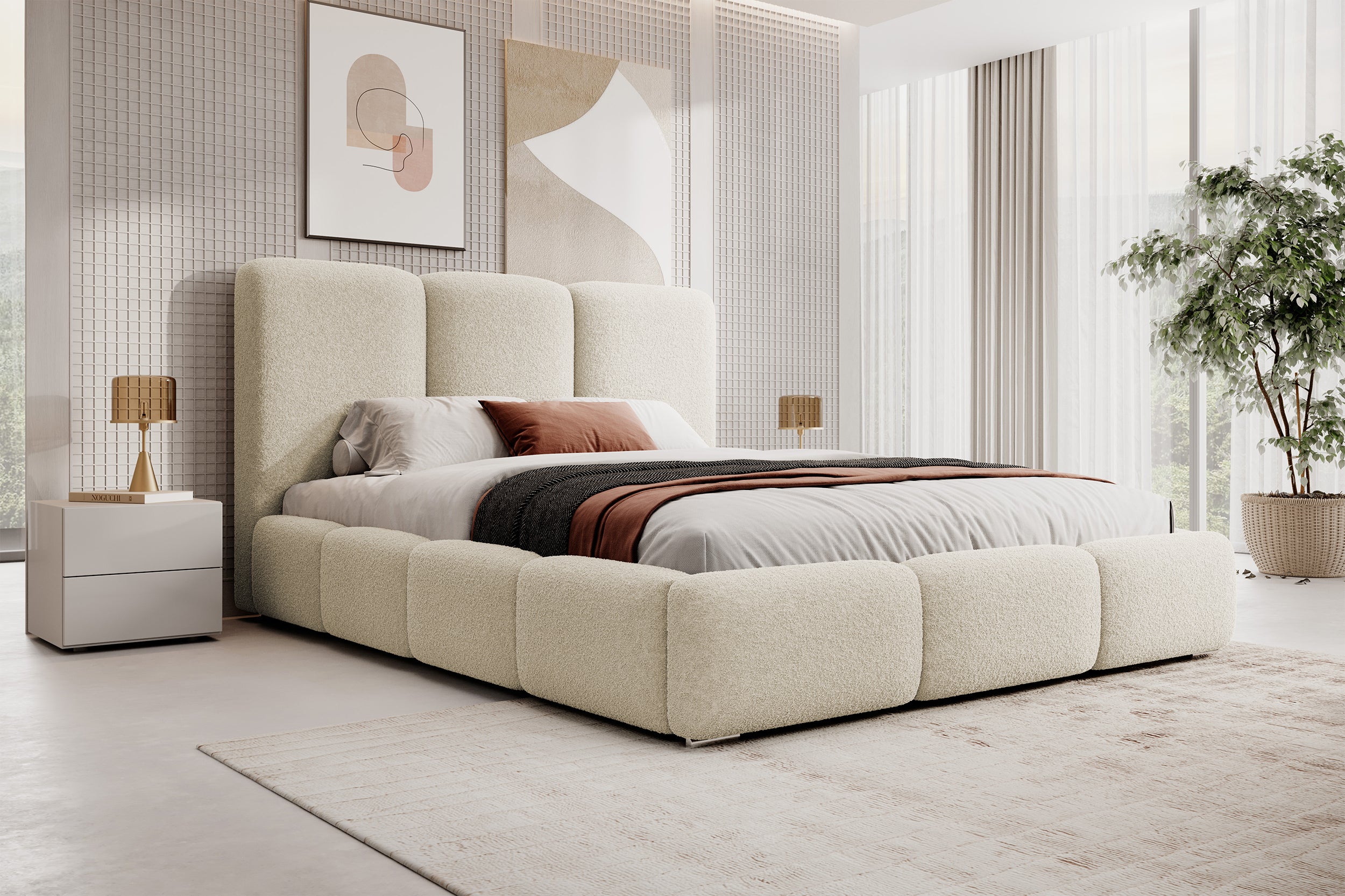 Łóżko tapicerowane 180x200 cm Bauro z pojemnikiem z metalowym stelażem waniliowe boucle