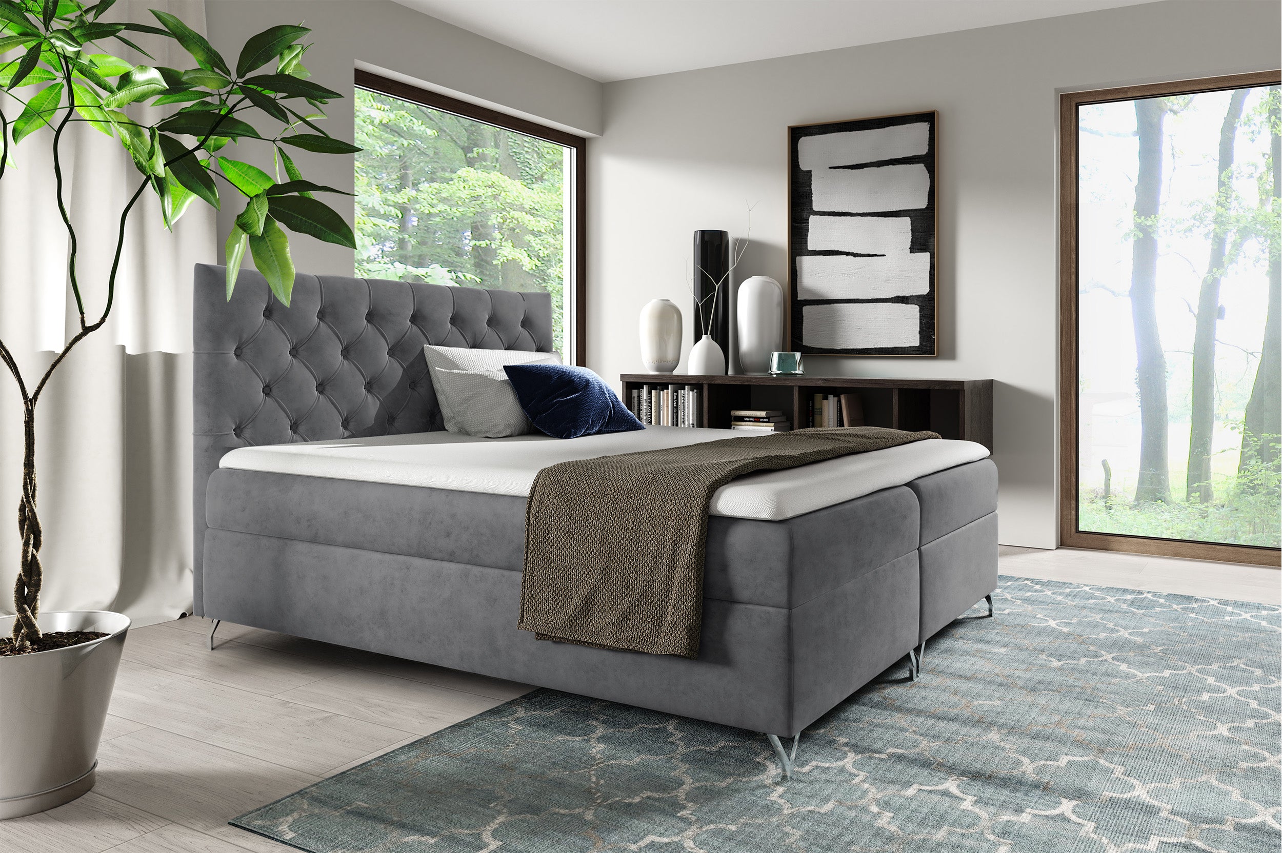 Łóżko kontynentalne Lozanna 180x200 z dwoma pojemnikami, materacem i topperem szare