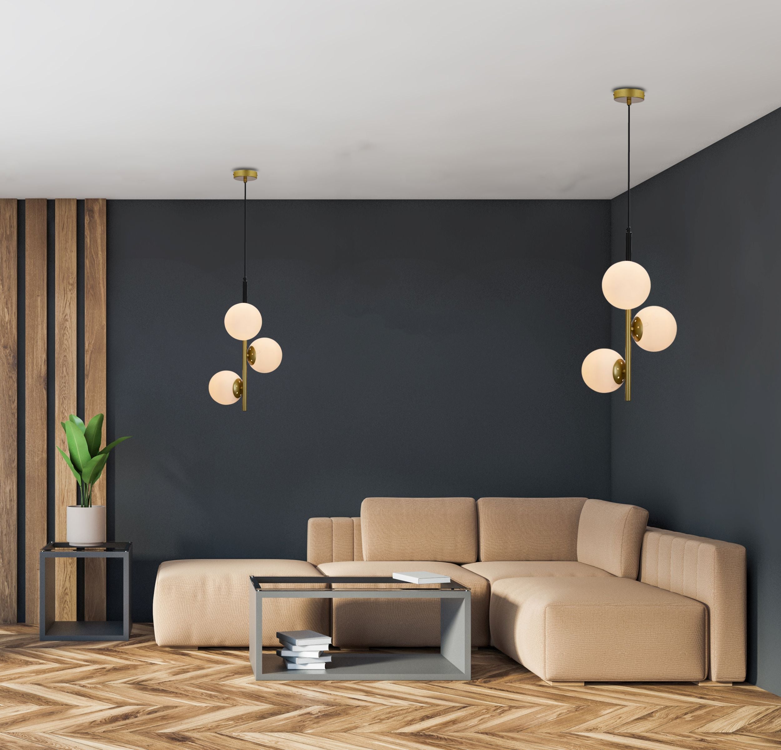 Lampa wisząca Duo x3 czarno-złota z białymi kloszami