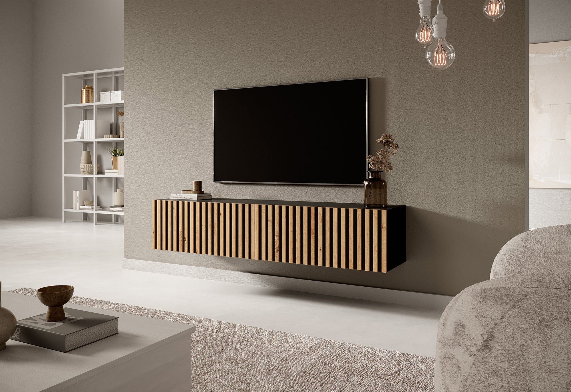 Szafka RTV Telire 138,6 cm czarna z lamelowym frontem dąb artisan