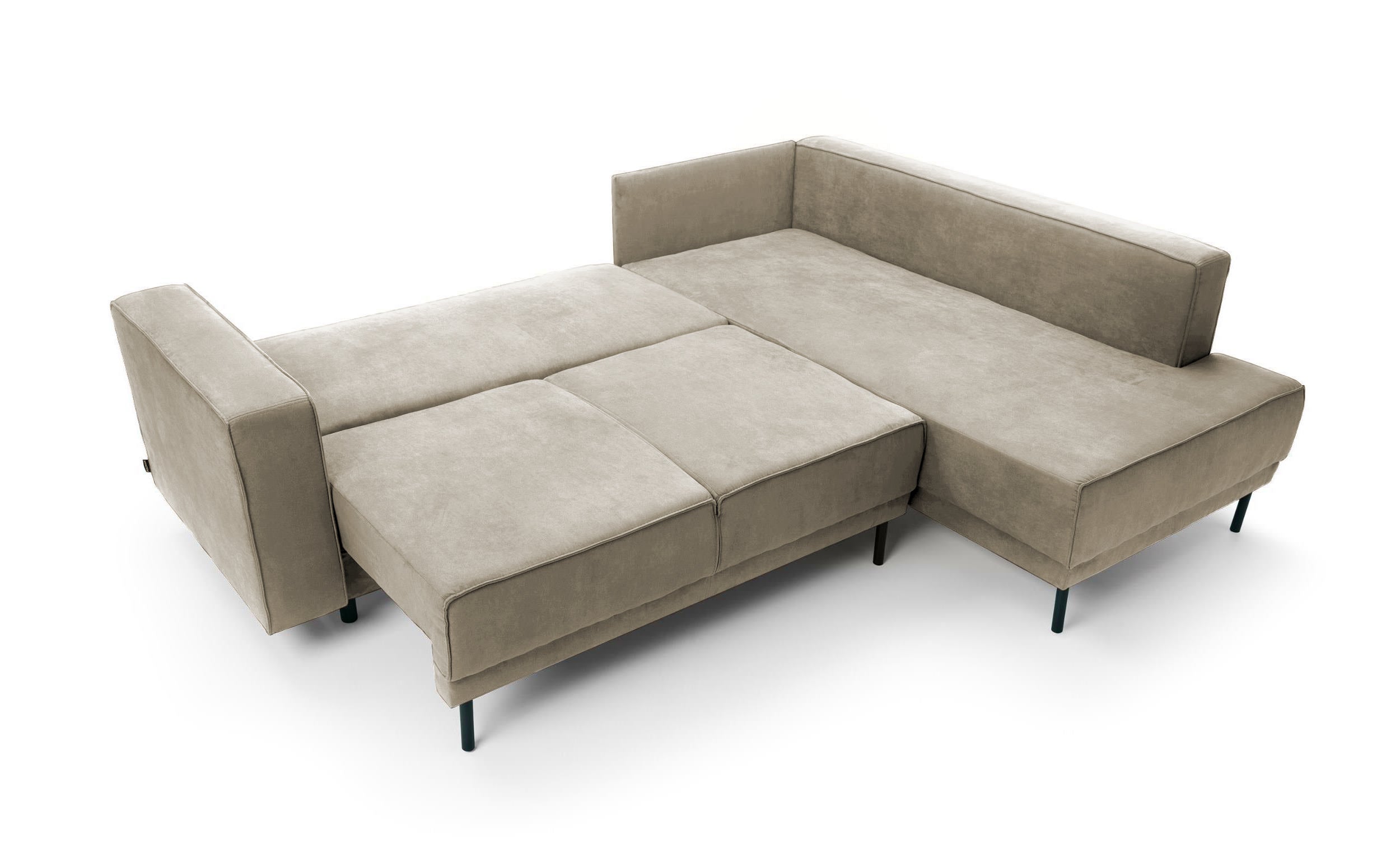 Narożnik z funkcją spania Rodario z pojemnikiem beżowy velvet łatwoczyszczący prawostronny