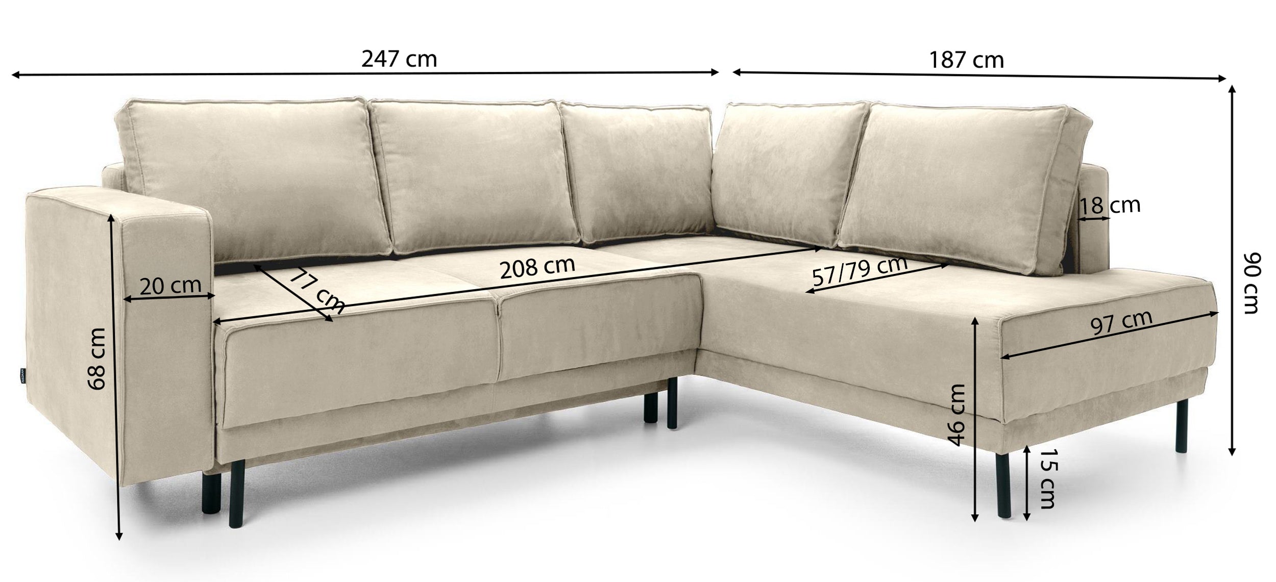 Narożnik z funkcją spania Rodario z pojemnikiem beżowy velvet łatwoczyszczący prawostronny