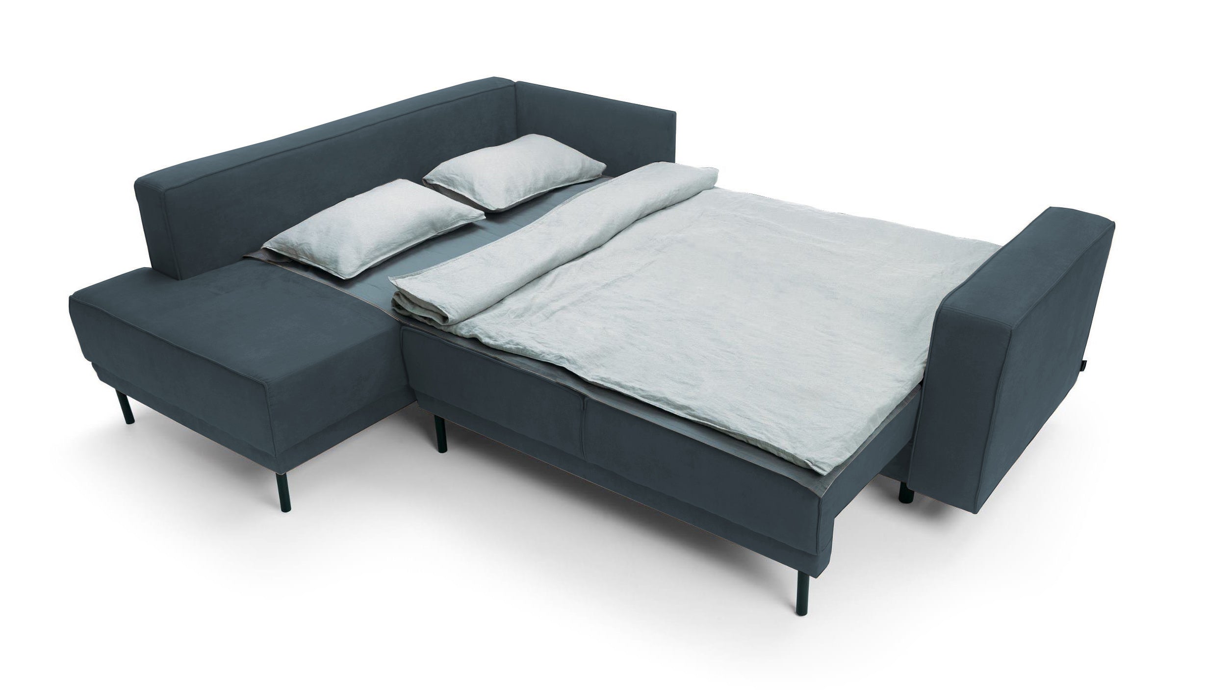 Narożnik z funkcją spania Rodario z pojemnikiem granatowy velvet łatwoczyszczący lewostronny