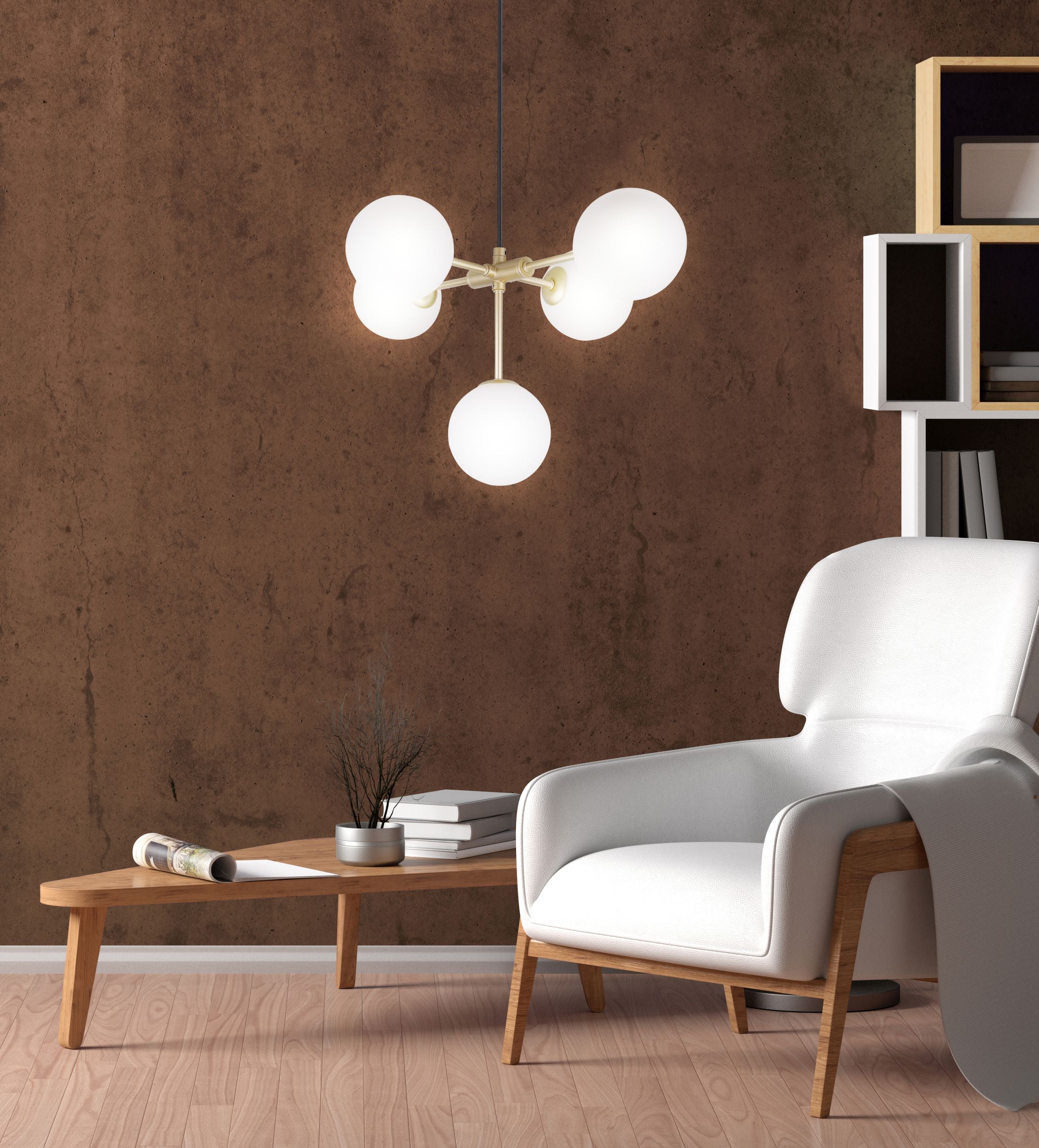 Lampa wisząca Mati x5 mosiężna z białymi kloszami