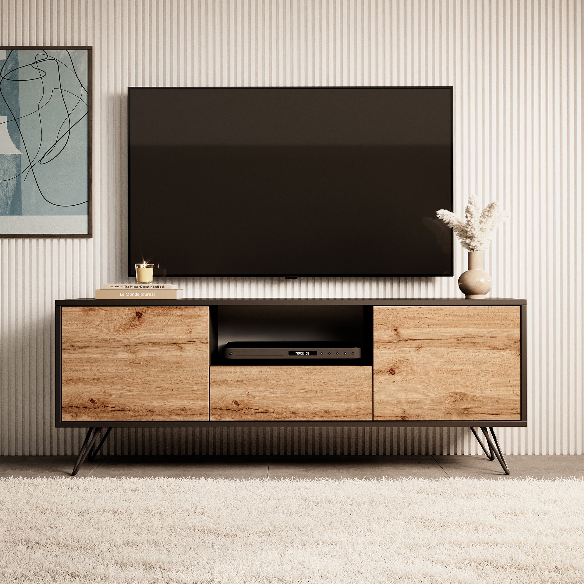 Szafka RTV Ploystea 137 cm Czarny / dąb wotan