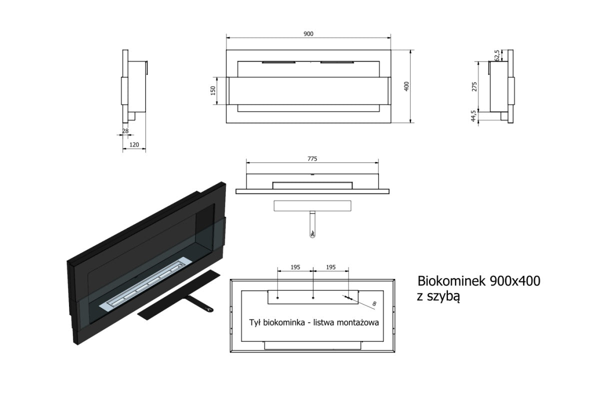 Biokominek Astralis 90x40 cm z certyfikatem TÜV Biały połysk