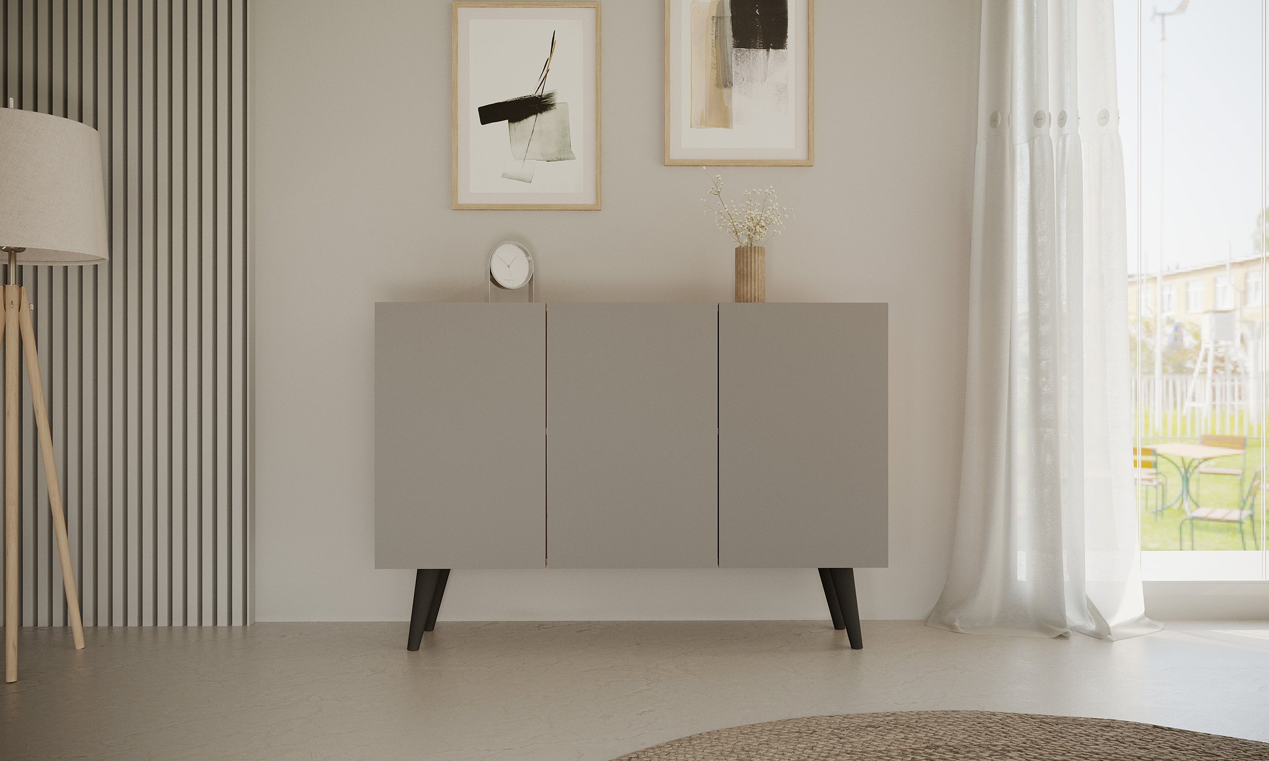 Komoda trzydrzwiowa Damally 120 cm szara z czarnymi nogami