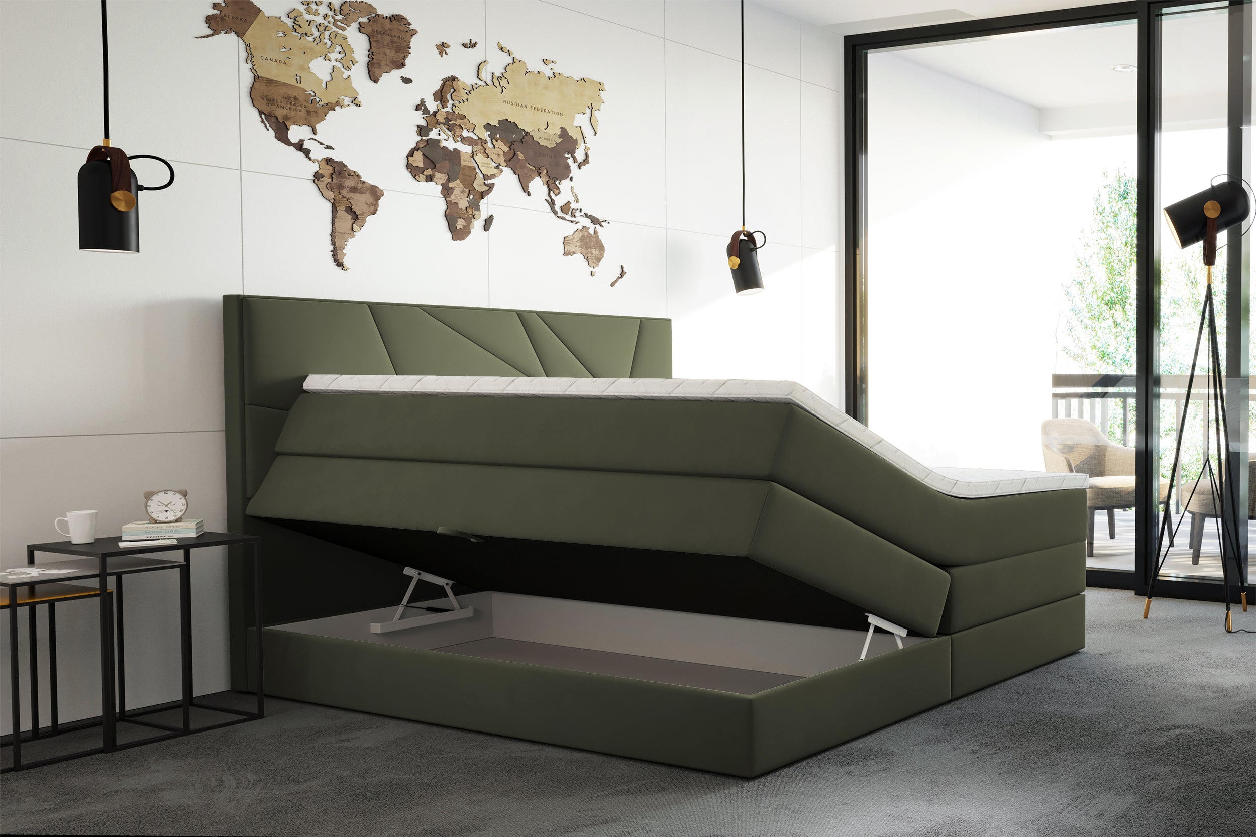 Łóżko kontynentalne 140x200 cm Vendes z pojemnikami materacami bonnellowymi i kieszeniowym oliwkowe welur hydrofobowy