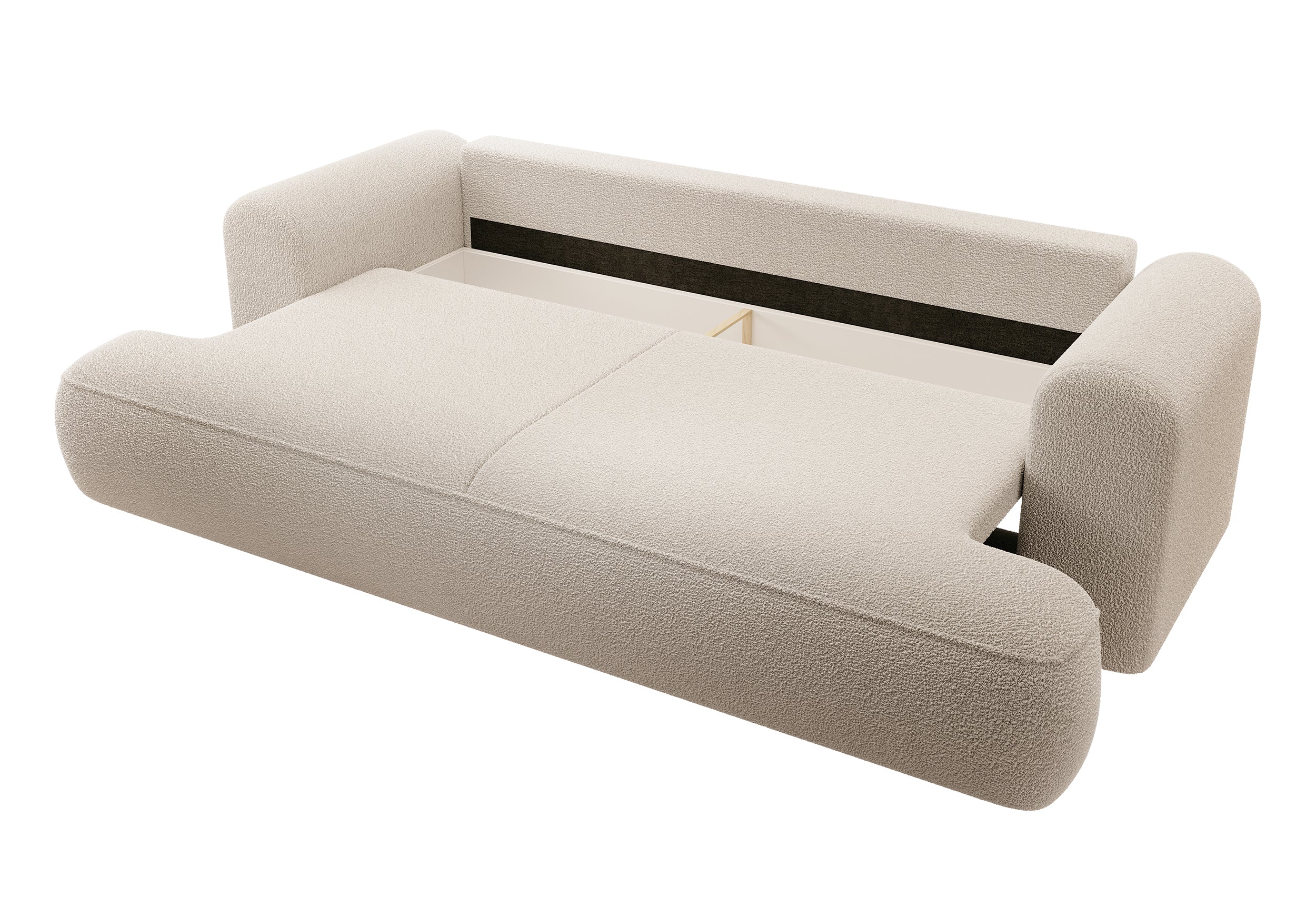 Kanapa rozkładana trzyosobowa Ovo z pojemnikiem beżowa boucle