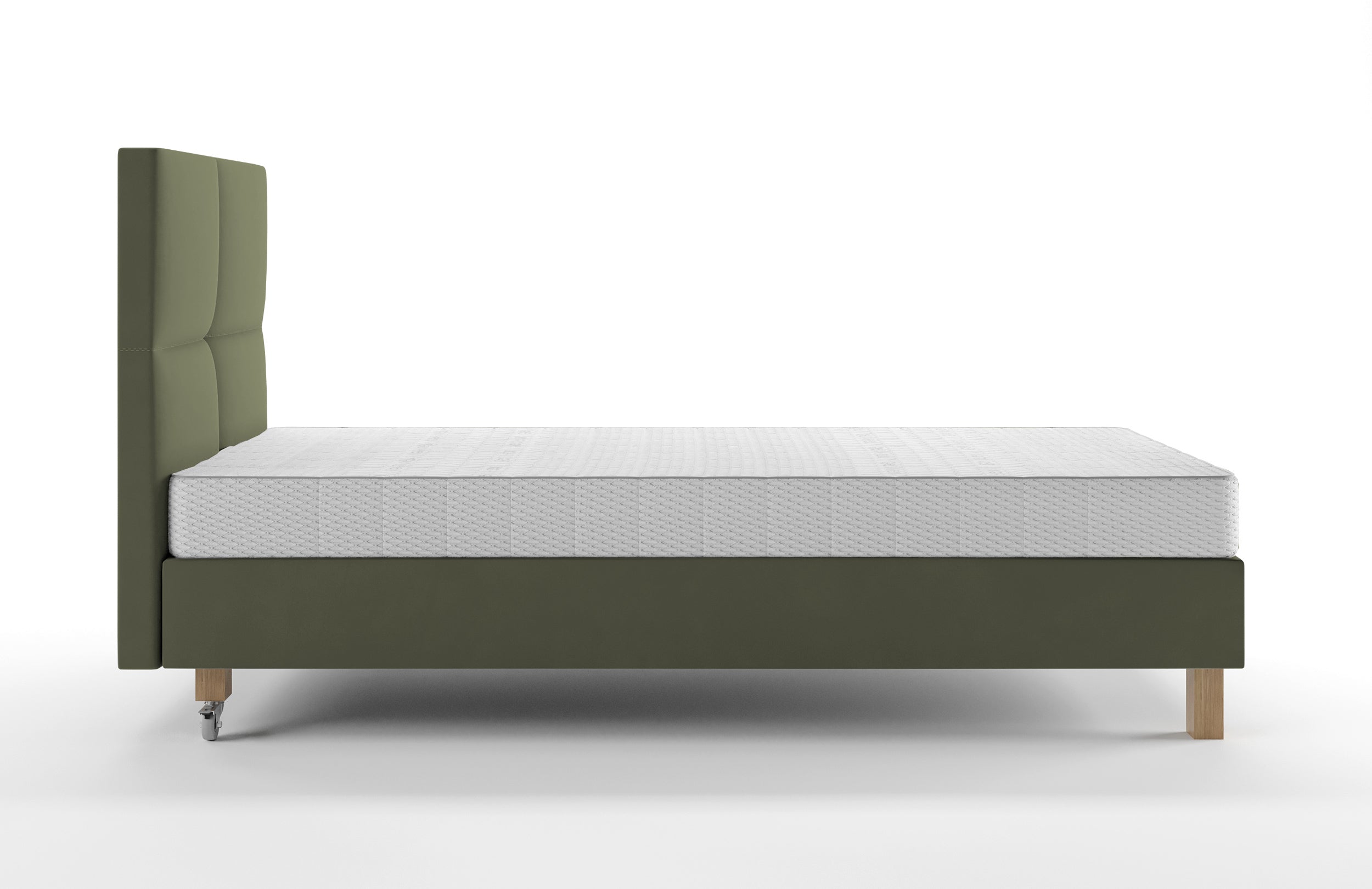 Łóżko tapicerowane 90x200 cm  Donbay z wezglowiem panelowym i materacem kieszeniowym oliwkowe welur hydrofobowy
