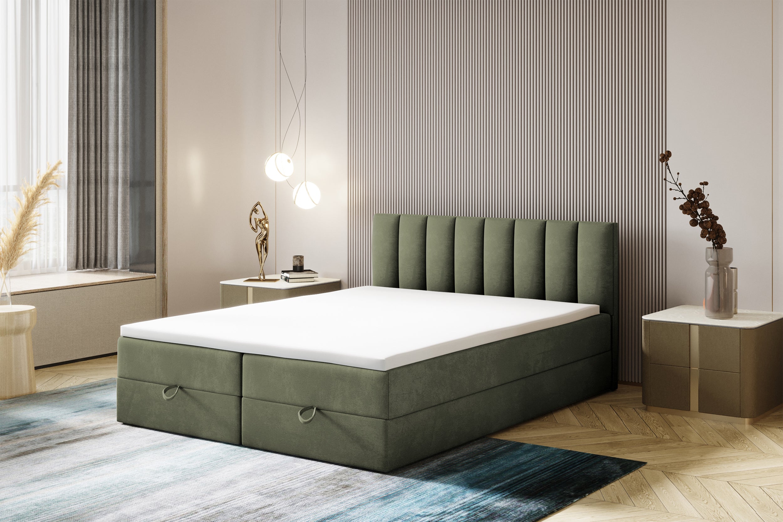 Łóżko kontynentalne 180x200 cm Dorsetto z pojemnikami i materacem bonellowym oliwkowe welur hydrofobowy