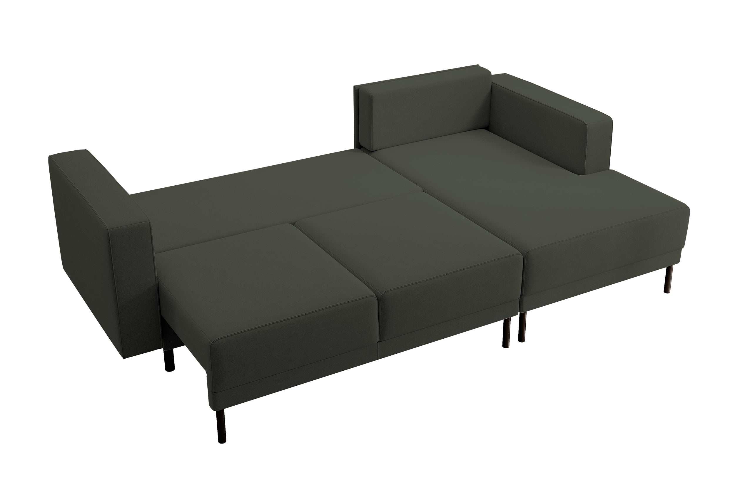 Narożnik z funkcją spania Rodario mini L-kształtny z pojemnikiem oliwkowy welur łatwoczyszczący prawostronny