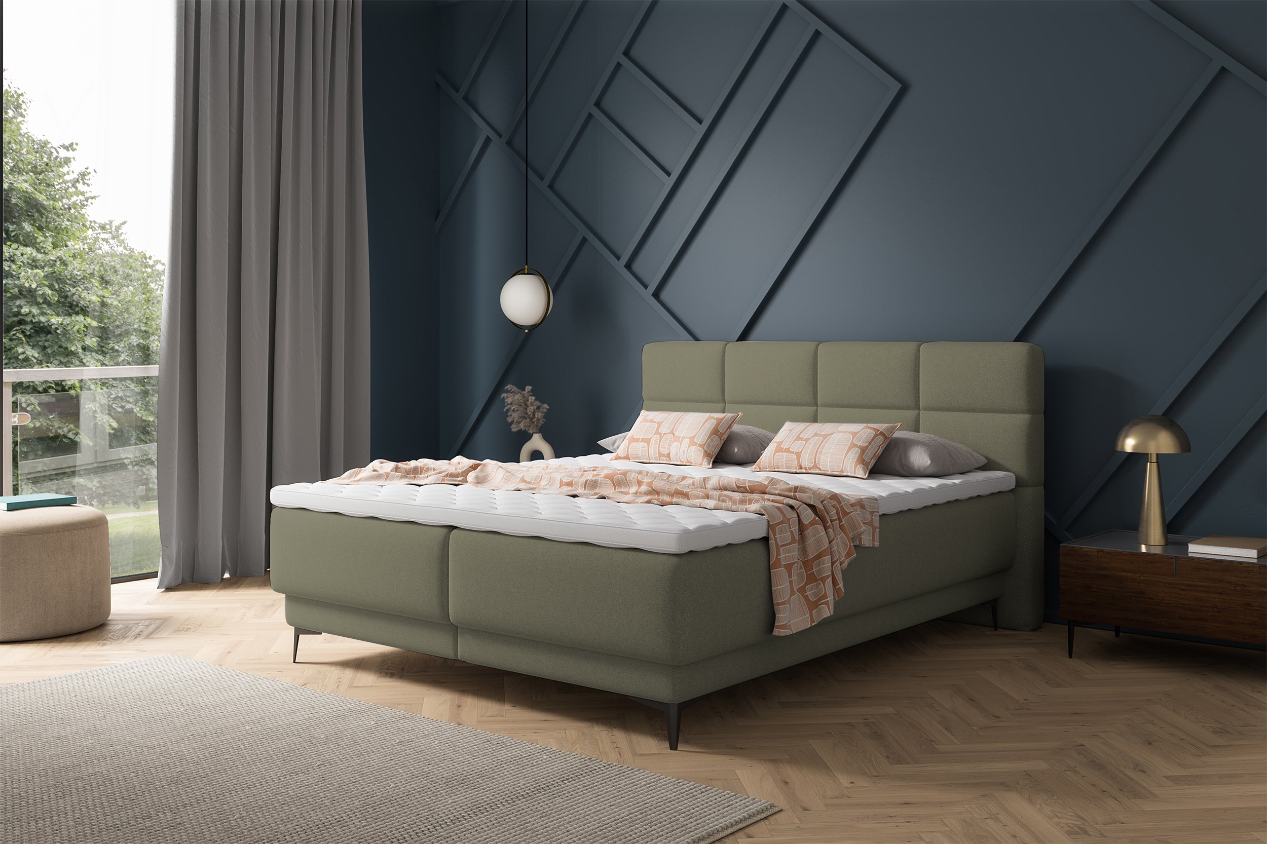 Łóżko kontynentalne 160x200 cm Rektango z pojemnikiem i topperem oliwkowy welur
