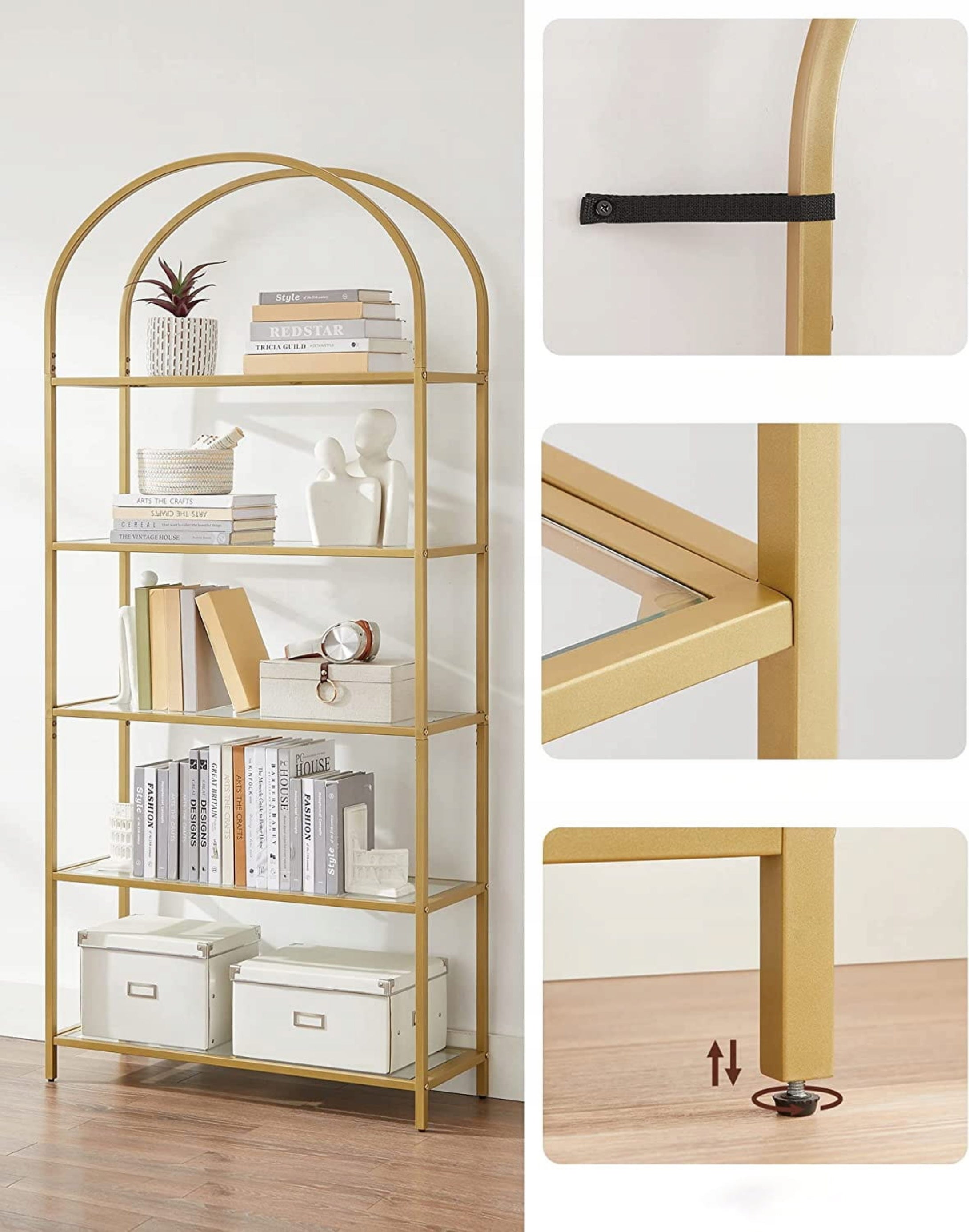 Regał otwarty Asheat z pięcioma półkami złoty