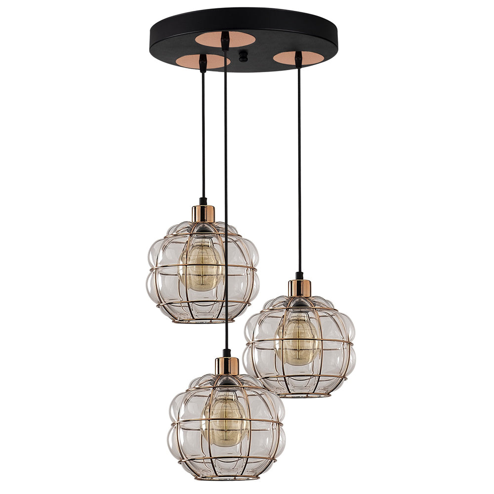 Lampa sufitowa Coradime x3 szklana na okrągłej podsufitce miedziana