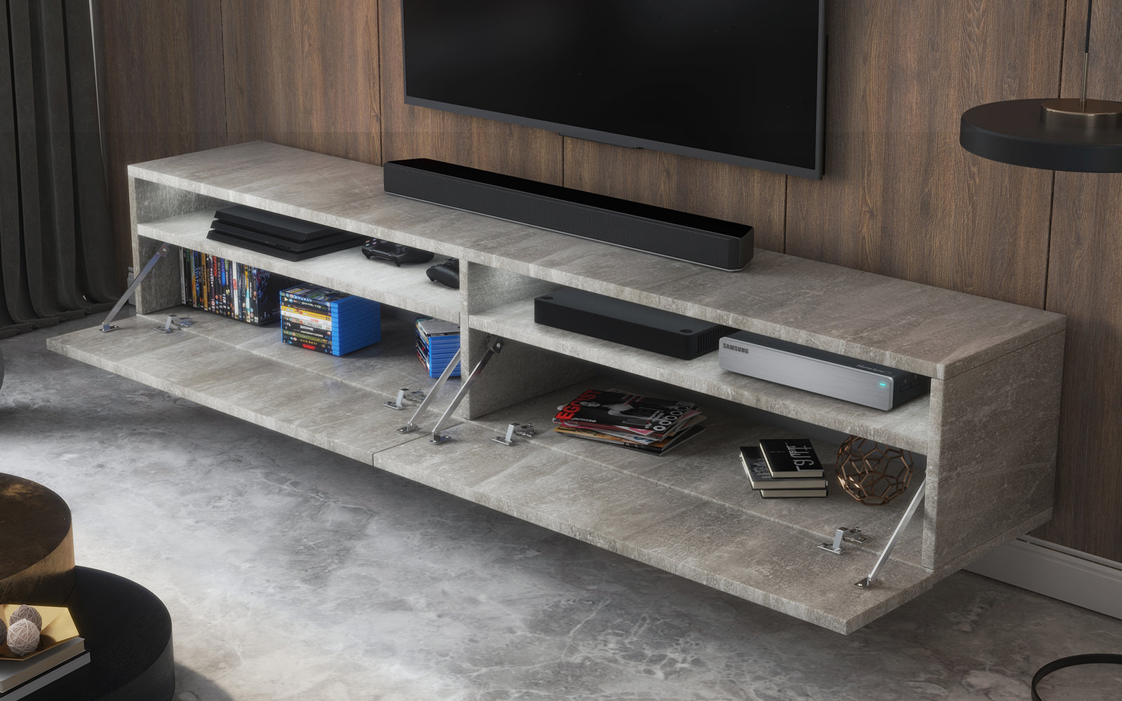 Szafka RTV Rednaw 180 cm Beton z oświetleniem
