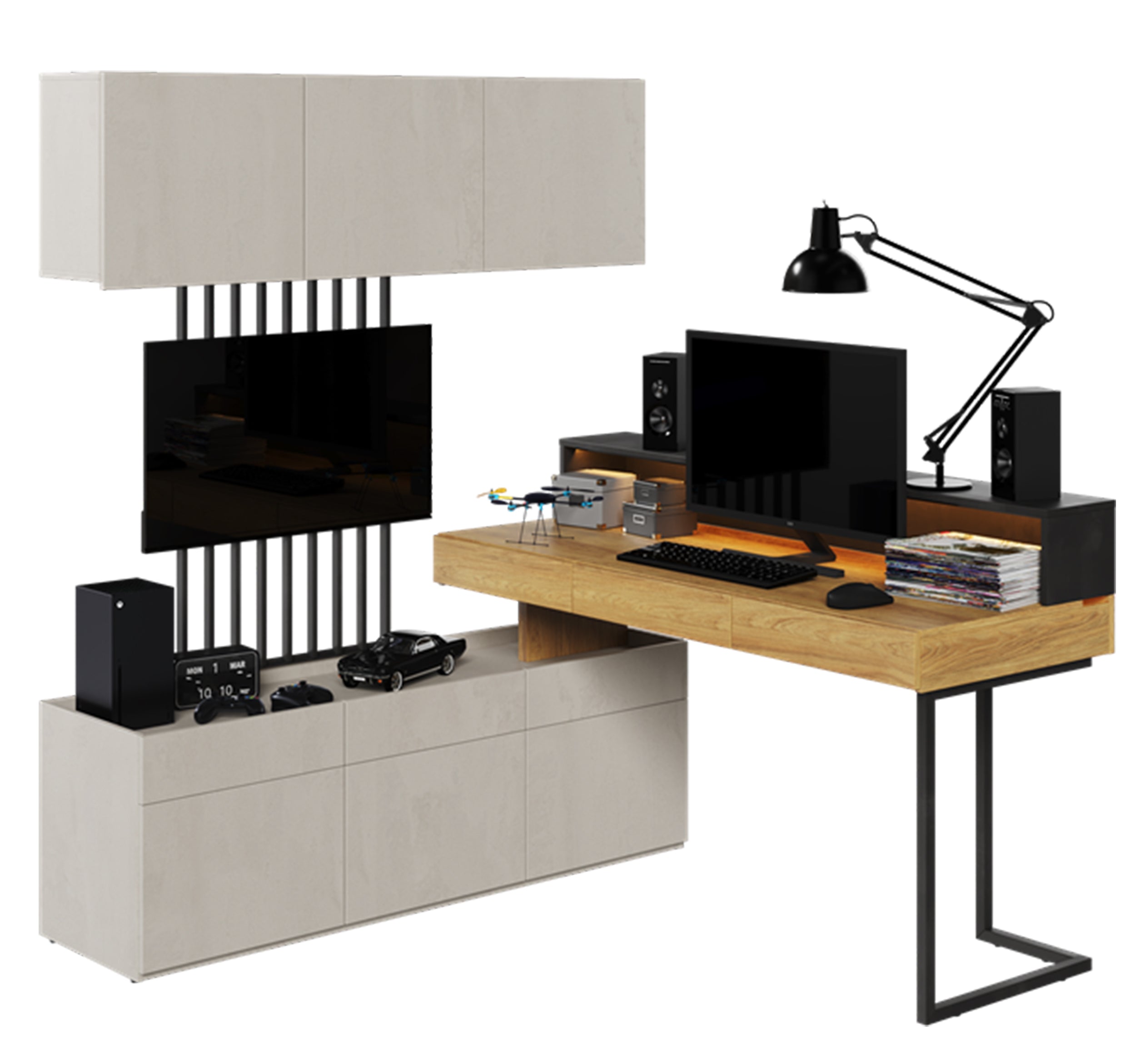 Biurko narożne Teen Flex prawe/lewe z szufladami 110 cm Hikora naturalna / raw steel