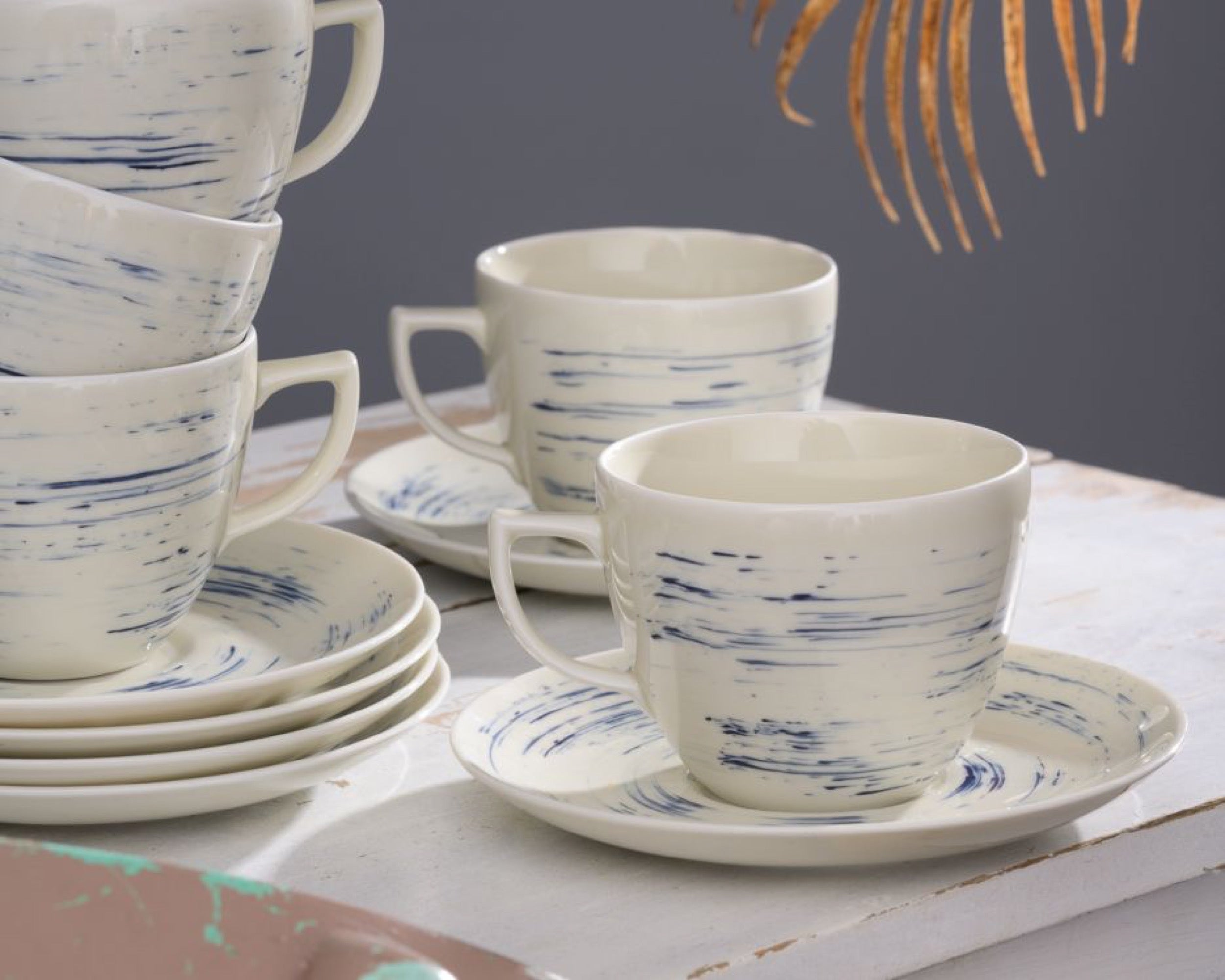 Zestaw 6 filiżanek porcelanowych City beżowo-niebieski