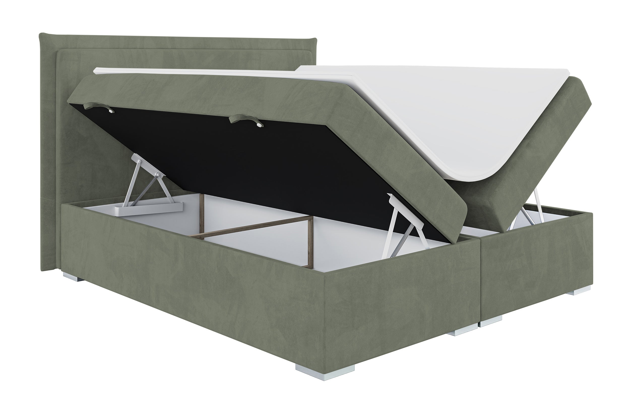 Łóżko kontynentalne 160x200 cm Nurdicer z pojemnikami i topperem oliwkowe welur hydrofobowy