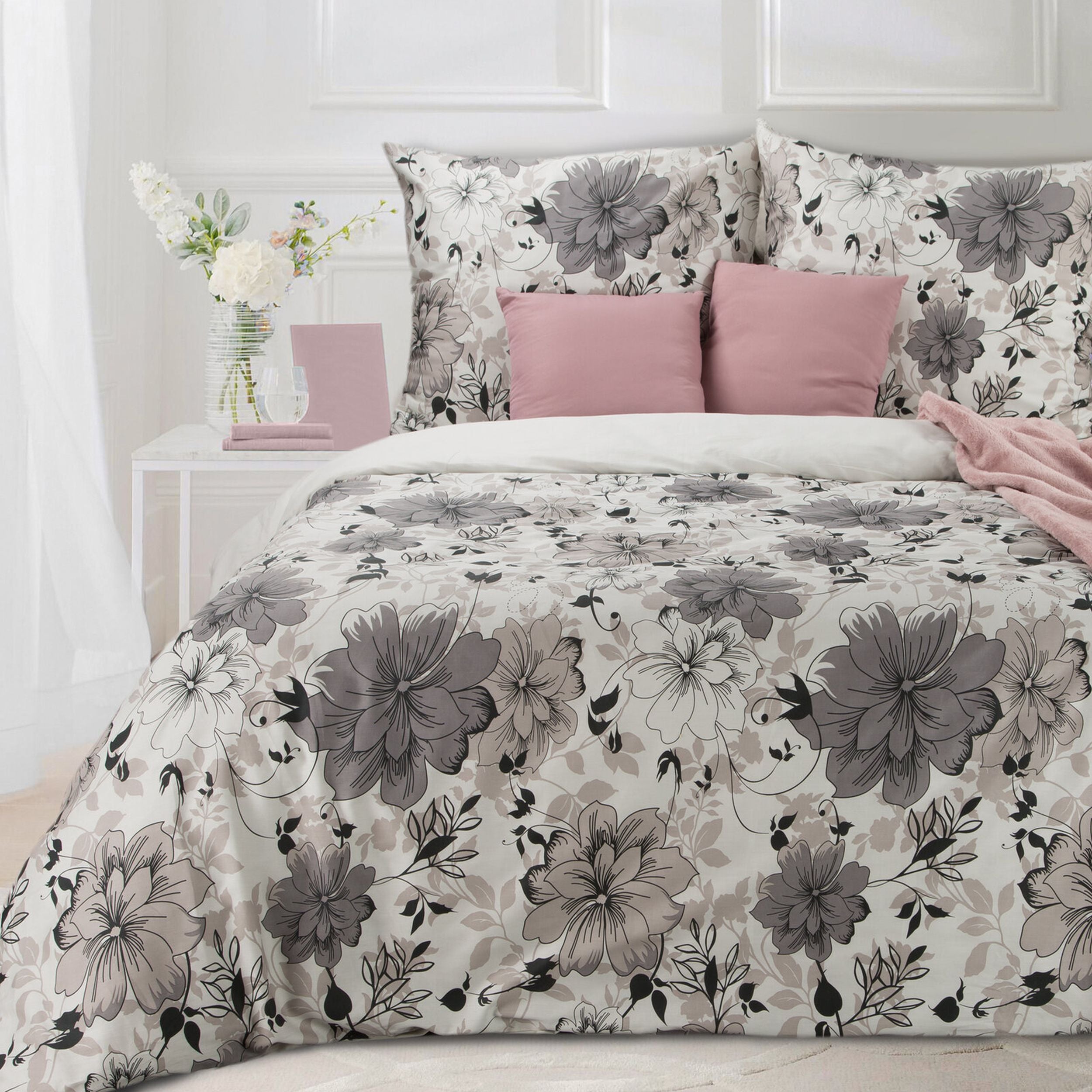 Komplet pościeli Spring 220x200 cm z satyny bawełnianej  biało-szara