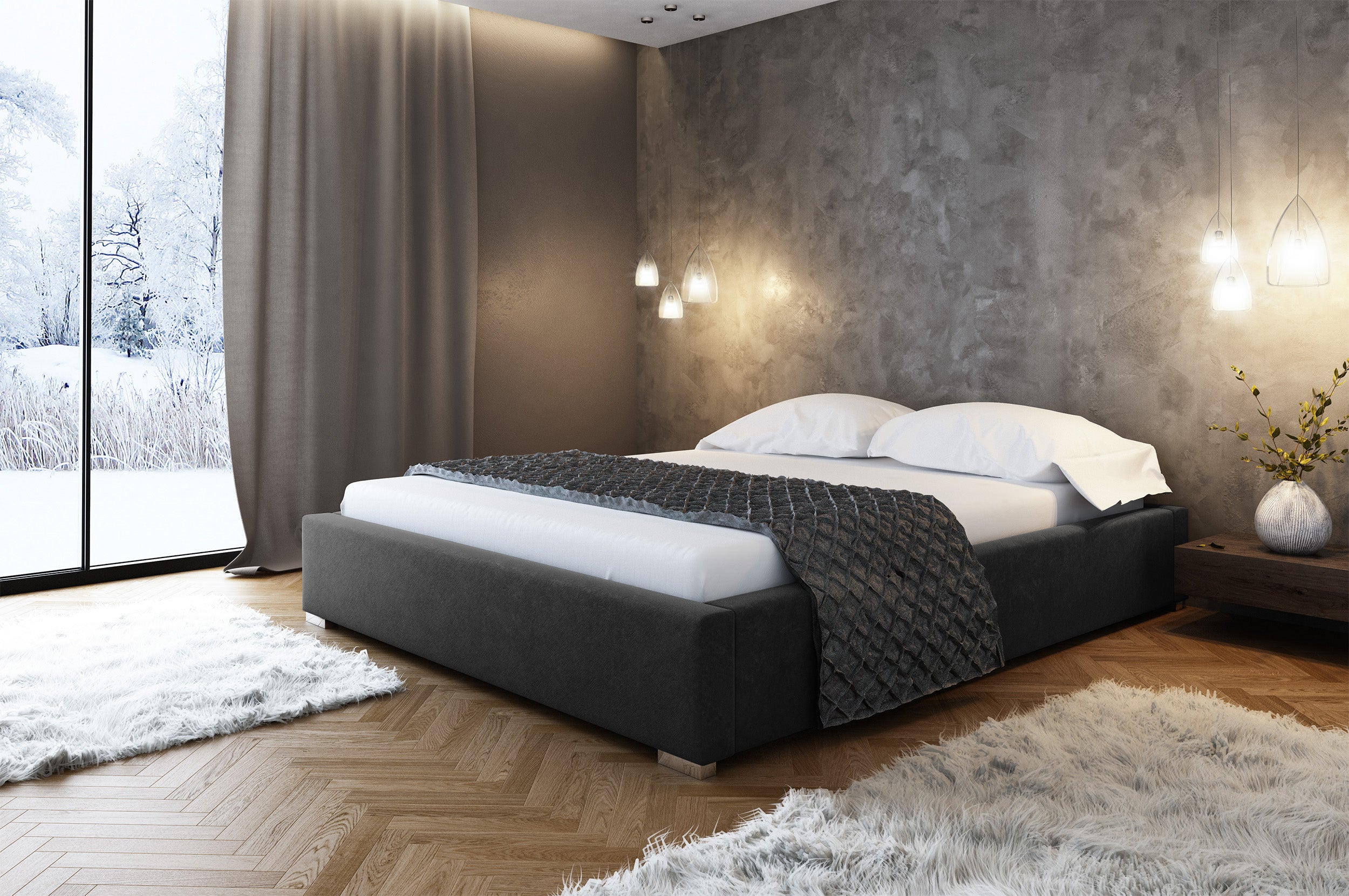 Łóżko tapicerowane Plene 140x200 ze stelażem metalowym i pojemnikiem ciemnoszare hydrofobowe