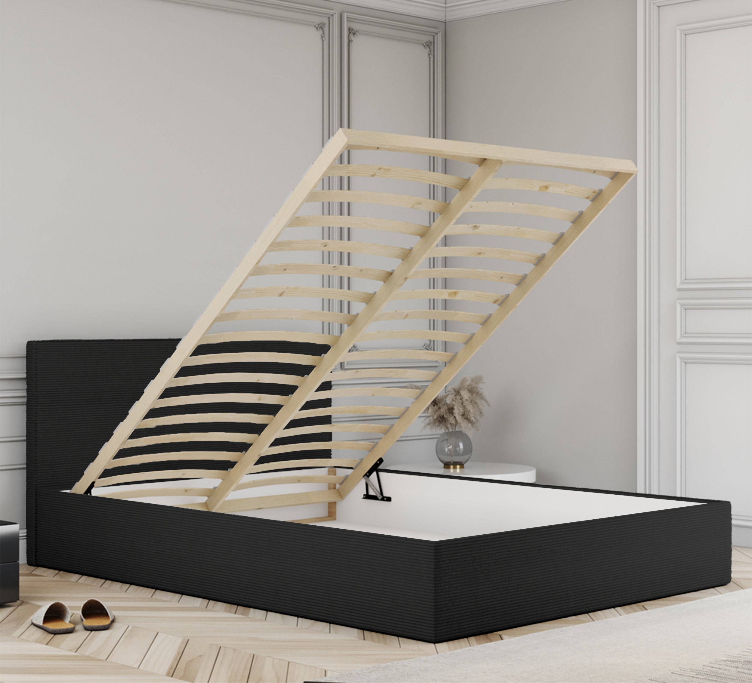 Łóżko tapicerowane 120x200 cm Campile z pojemnikiem czarne sztruks